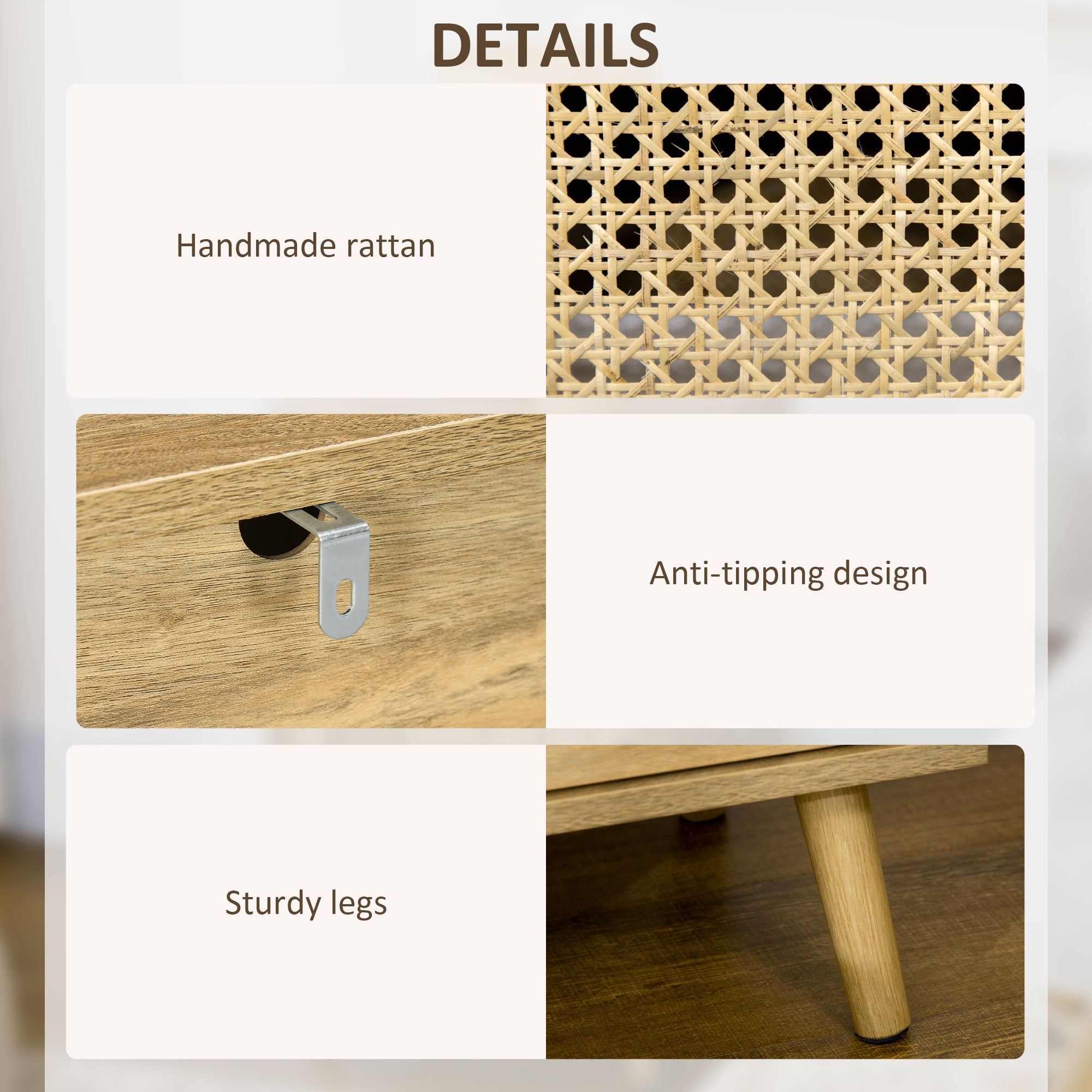 Kozy Bedside Table with Rattan Element, Side End Table with Shelf and Cupboard, 39cmx35cmx60cm, Set of 2, Natural