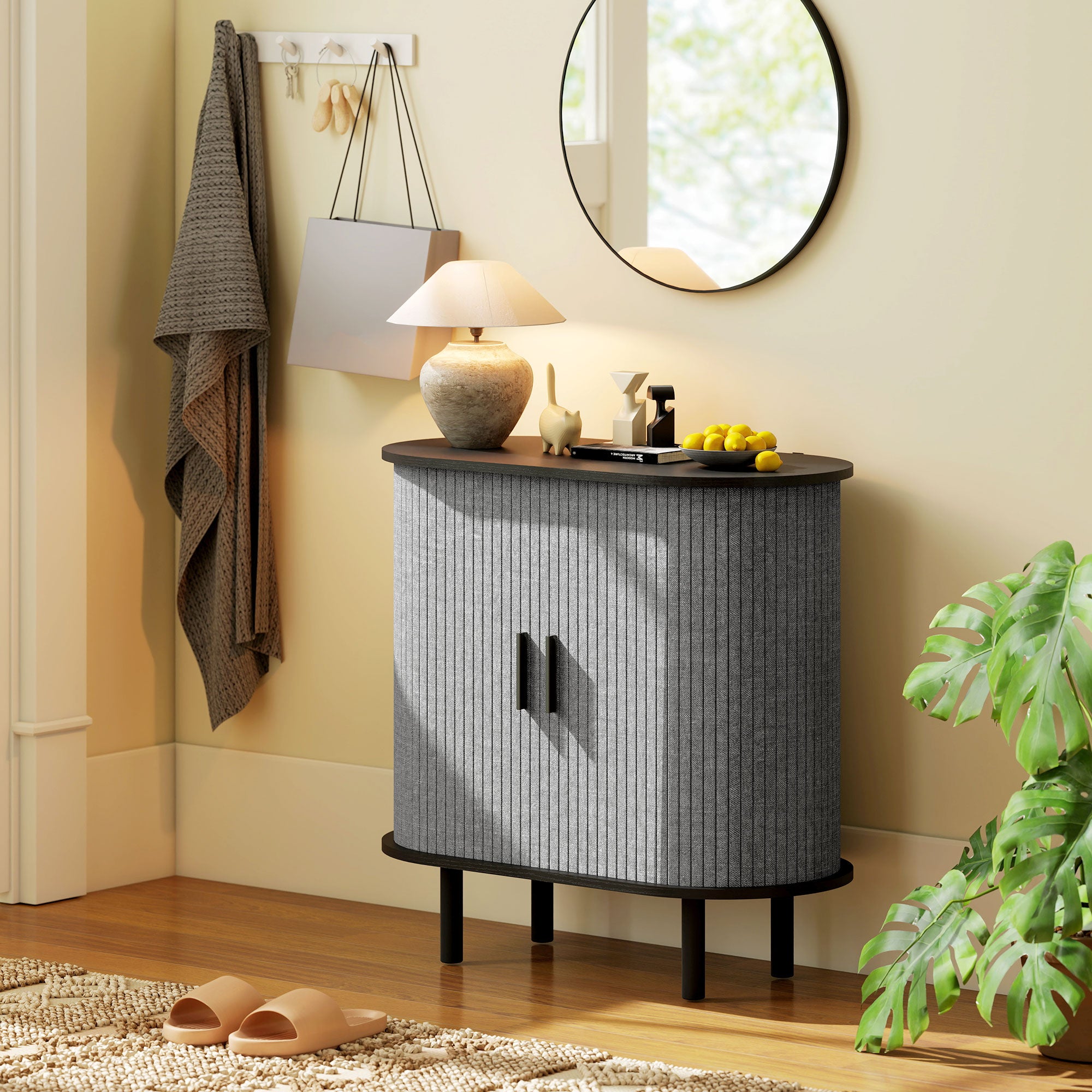 Kozy Tambour Sideboard with Fluted Sliding Doors, Modern Kitchen Cupboard with Storage Shelves and Wooden Legs, Grey