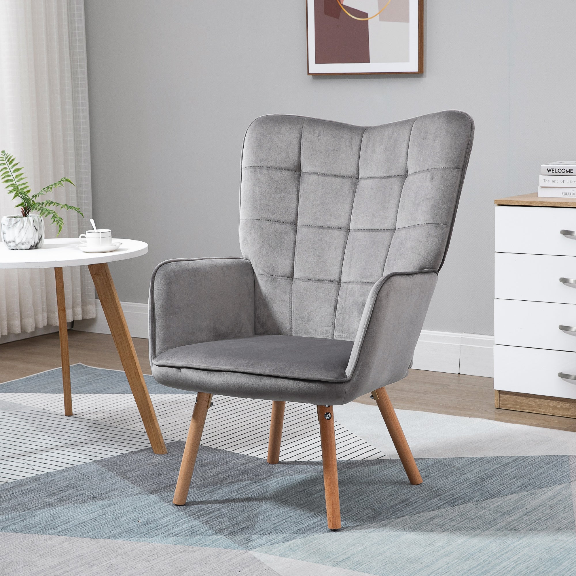 Kozy Modern Accent Chair, Upholstered Tufted Wingback Armchair with Seat Padding, Velvet Leisure Lounge Bedroom Chair with Wood Legs, Grey