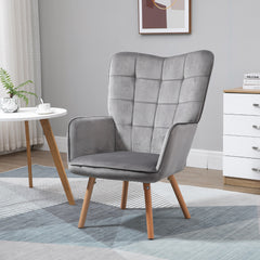 Kozy Modern Accent Chair, Upholstered Tufted Wingback Armchair with Seat Padding, Velvet Leisure Lounge Bedroom Chair with Wood Legs, Grey