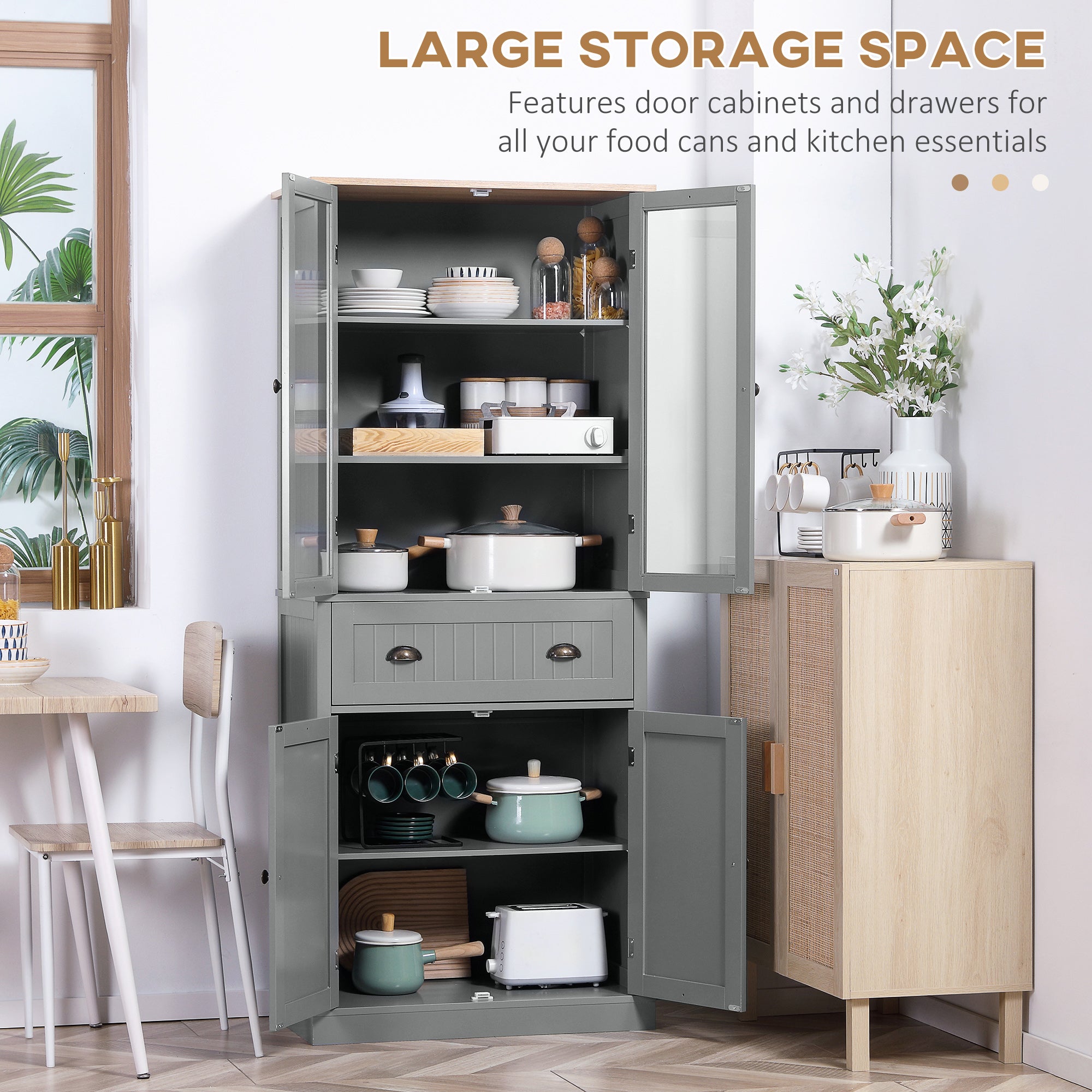 Kozy 180cm Tall Kitchen Pantry Cupboard, Freestanding Storage Cabinet with 5 Tier, Adjustable Shelves,  Drawer, Grey