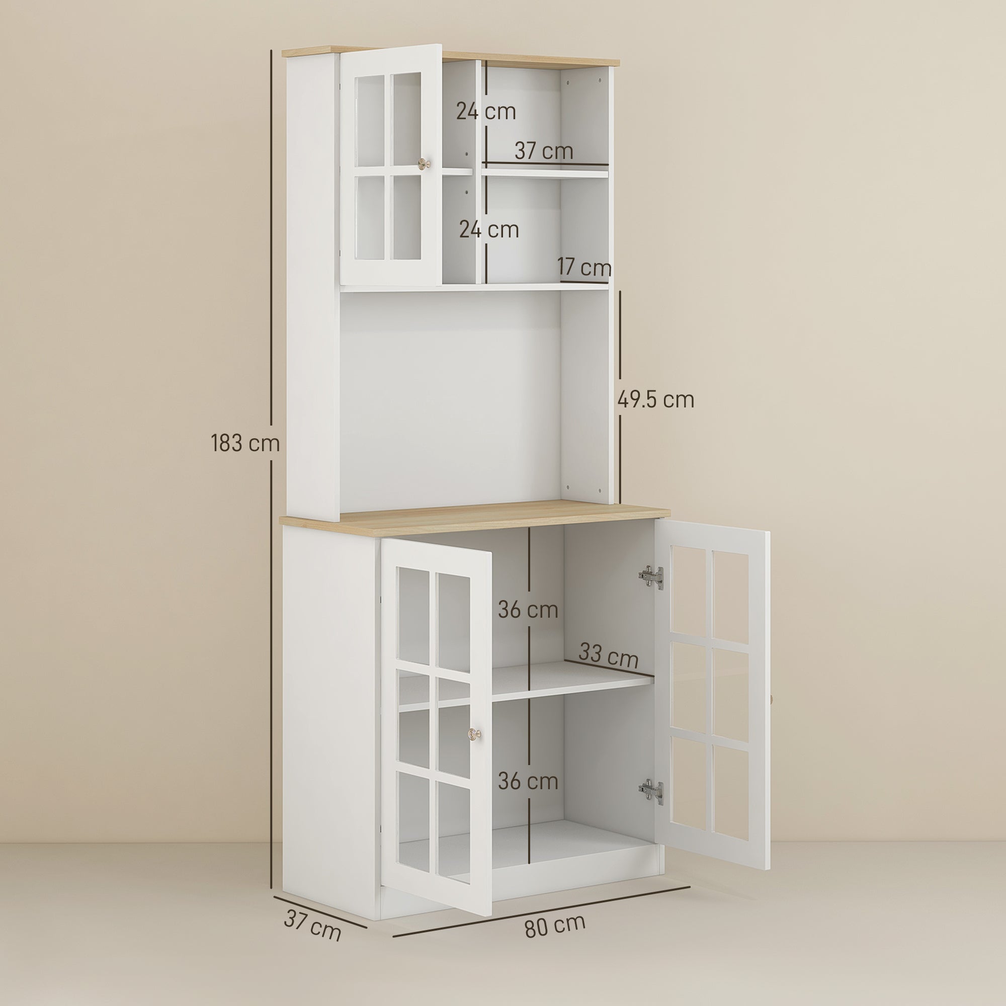 Kozy Freestanding Kitchen Cupboard, Storage Cabinet with Doors and Adjustable Shelves, Counter Top, Grid Glass Doors, 80L x 37W x 183H cm - White