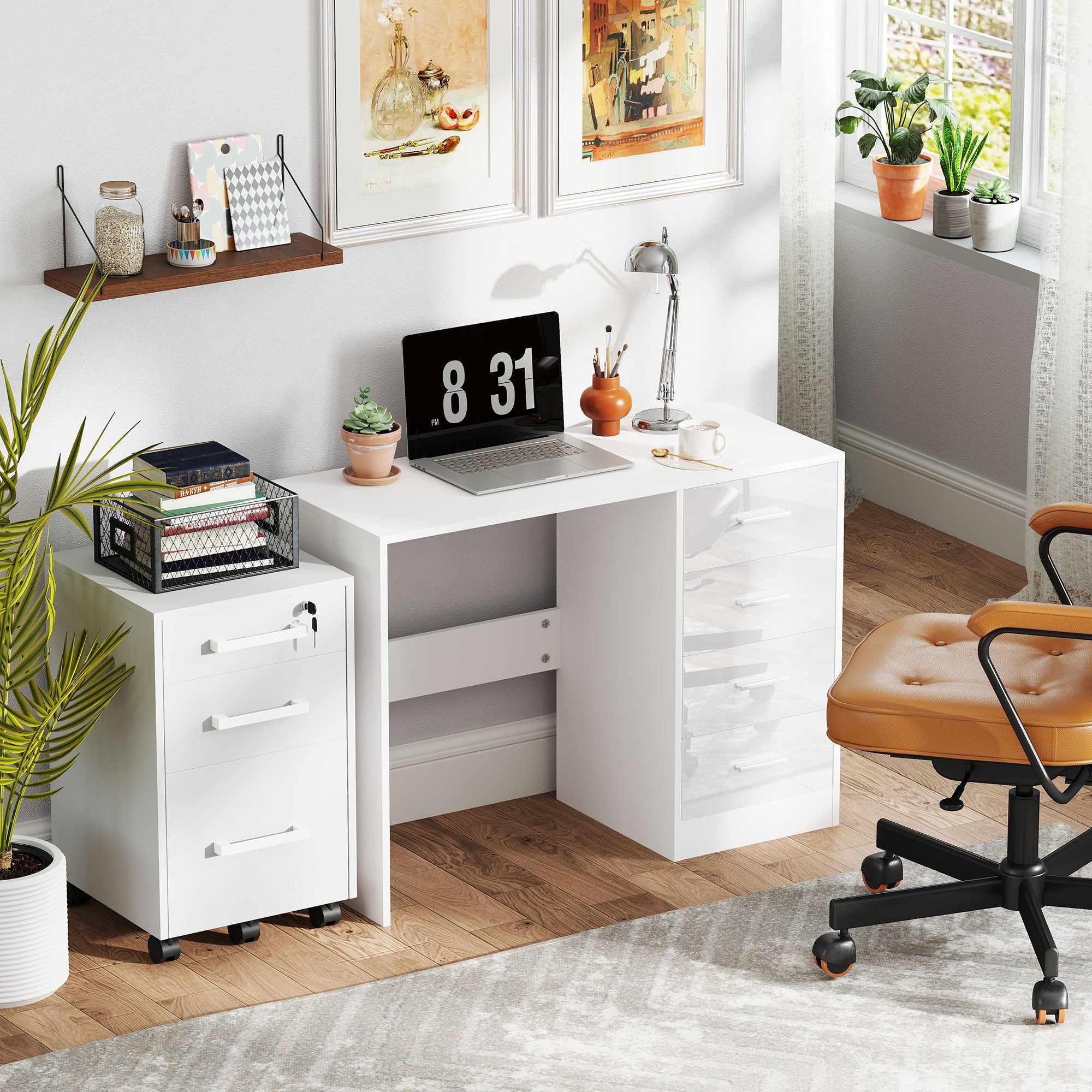 Kozy Computer Desk with Drawers, Dressing Table, High Gloss Home Office Writing Workstation, White