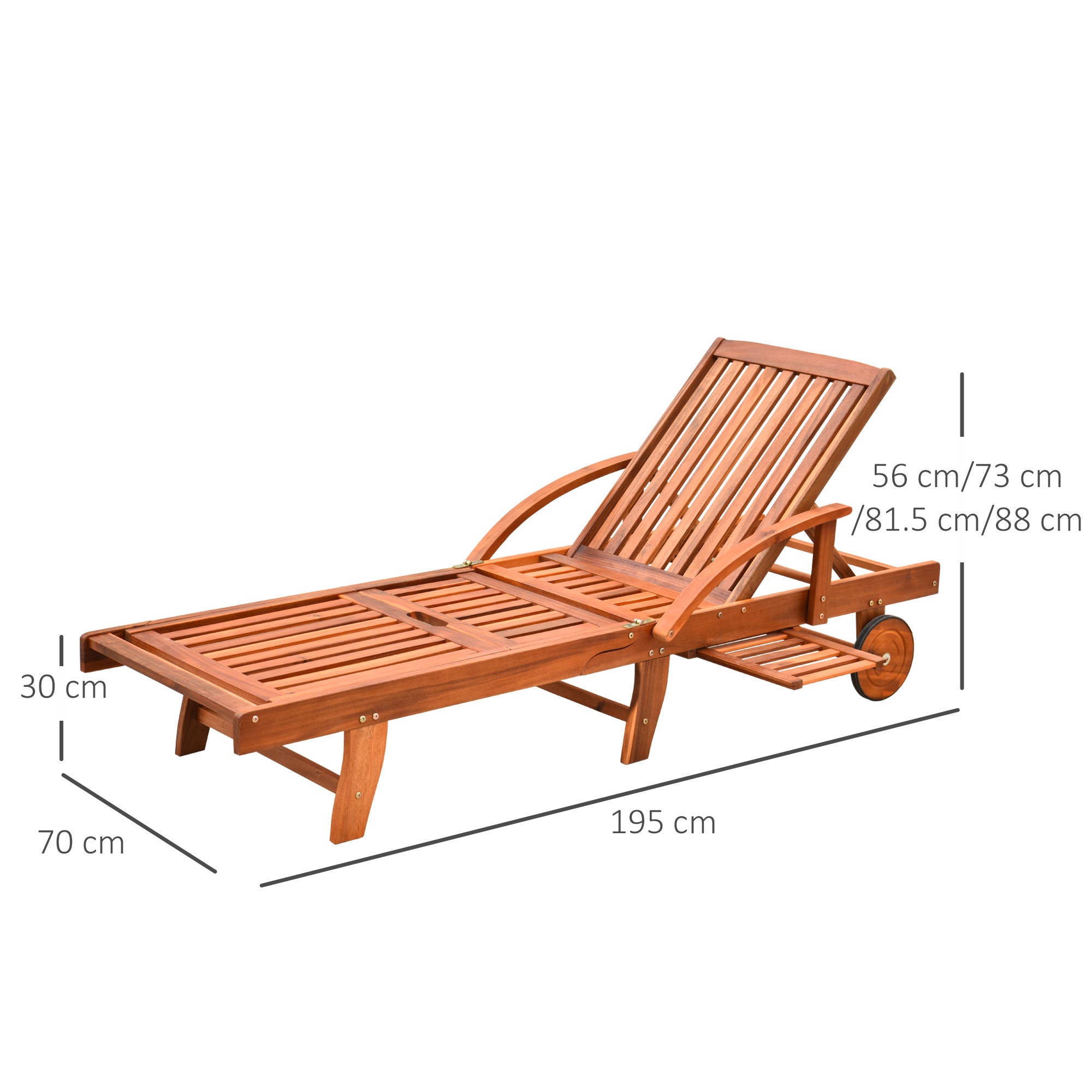 Kozy Folding Wooden Sun Lounger, 4-Level Adjustable Garden Lounger Recliner with Side Tray and Wheels, Outdoor Reclining Sunbed with Slatted Seat and Armrests for Patio, Terrace, Teak