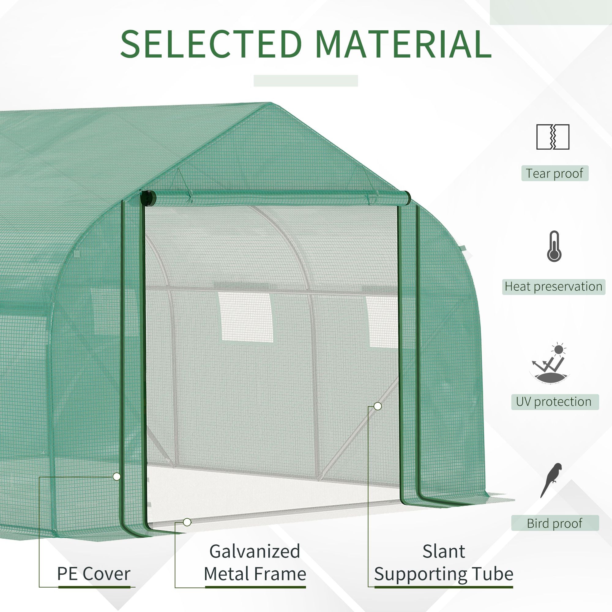 Kozy Walk-in Polytunnel Garden Greenhouse, Outdoor Mesh Door Greenhouse with PE Cover and 6 Windows, 3.5 x 3 x 2m, Green