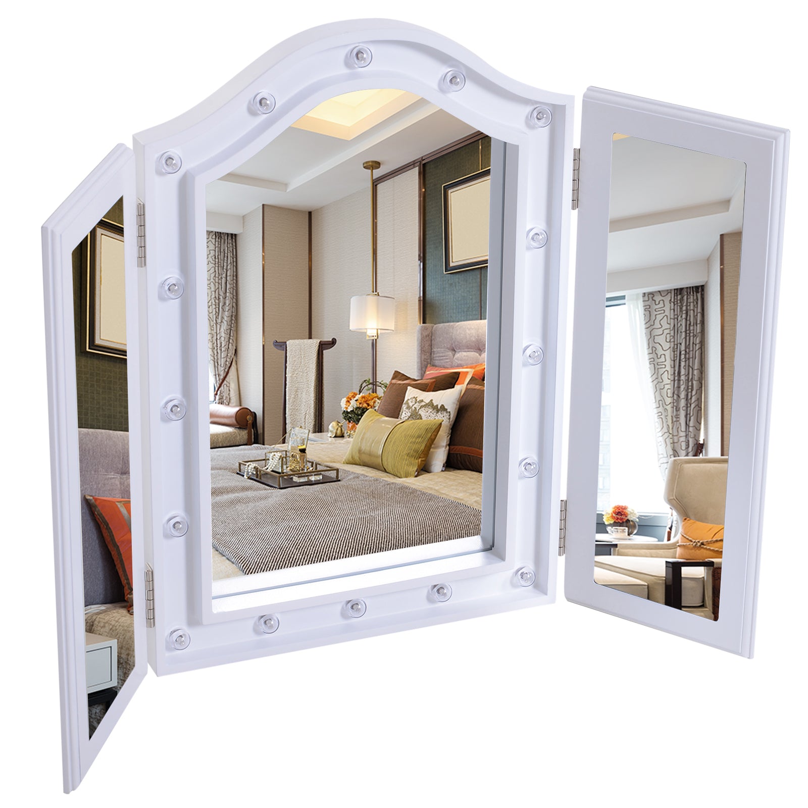 Kozy Trifold Freestanding Mirror, Lighted Tabletop Vanity Mirror Large Cosmetic w/16 LED Lights powered by batteries Foldable For Bedroom- White