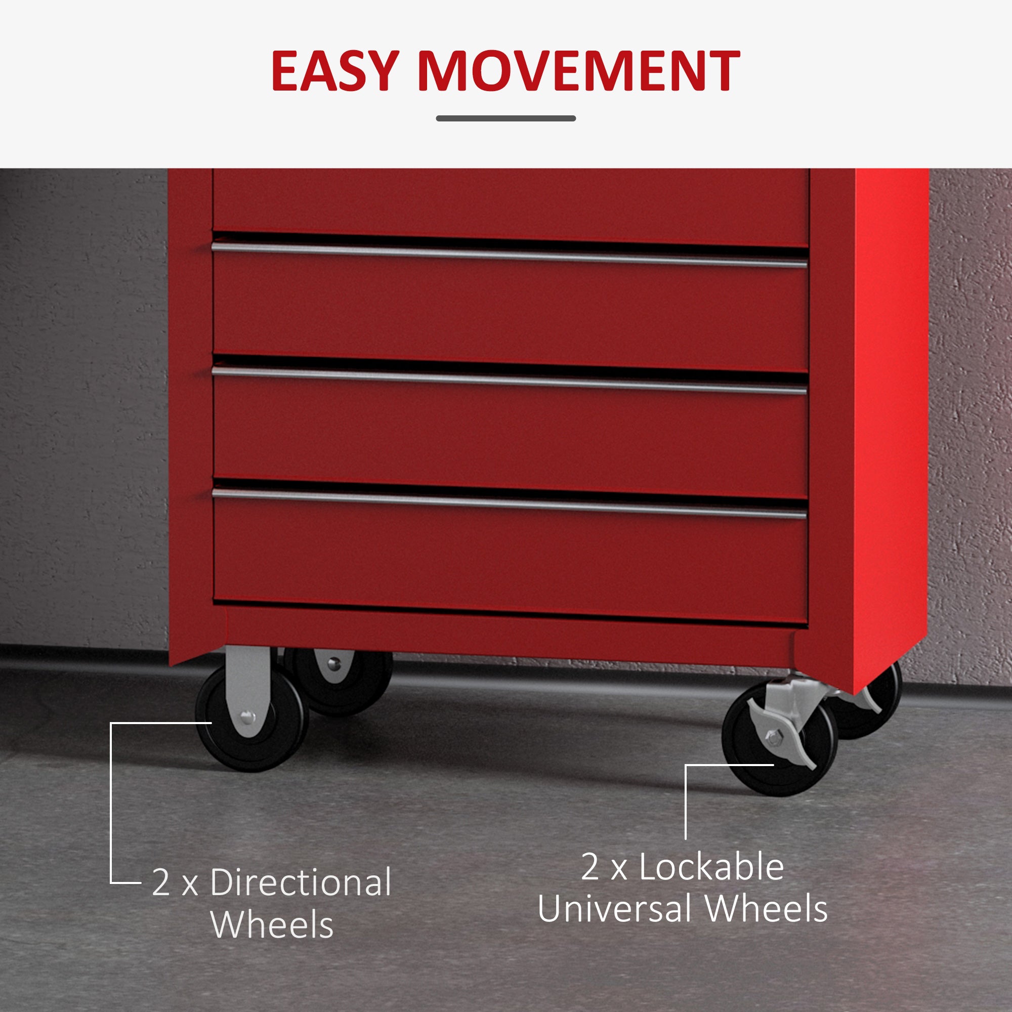 Kozy 5 Drawer Tool Box on Wheels, Lockable Steel Tool Cabinet with Side Handle, Red