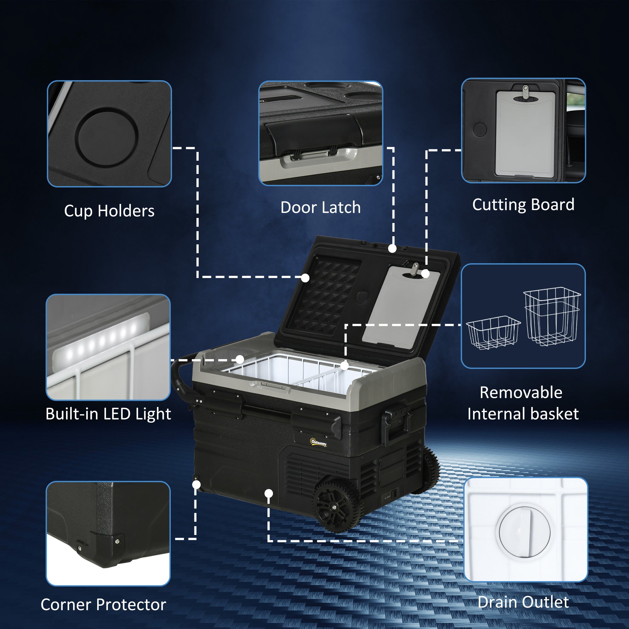 Kozy 40L Car Refrigerator, Portable Compressor Cooler Box, Fridge Freezer w/ Inner LED Light, Foldable Handles, Cup Holders, 12/24V DC and 110-240V AC for Campervan RV Boat Travel Down to -20℃