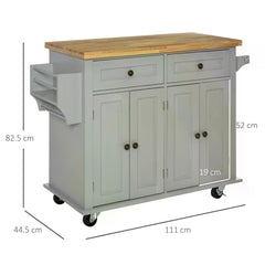 HOMCOM Rolling Kitchen Island Storage Trolley with Rubber Wood Top & Drawers for Dining Room, Grey | Aosom UK