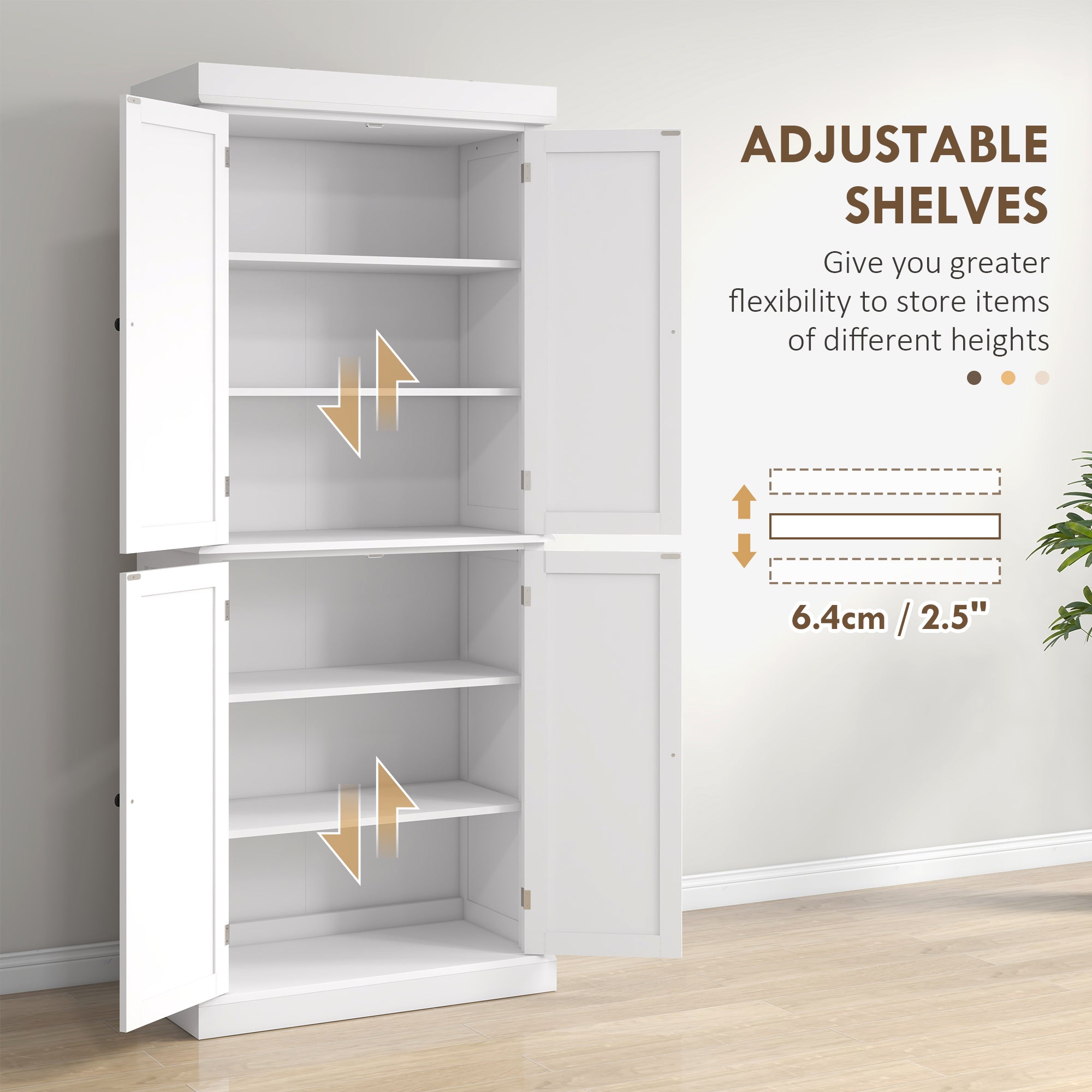Kozy Freestanding Kitchen Cupboard with 4 Doors, Storage Cabinet with 6-Tier Shelving and 4 Adjustable Shelves, White