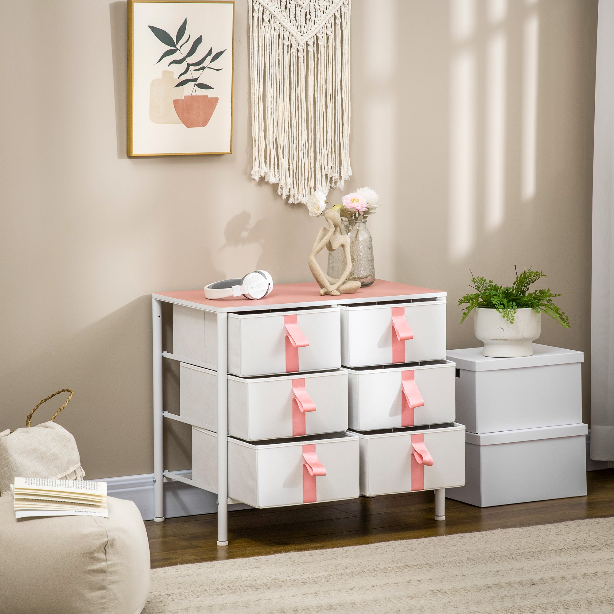 Kozy Chest of Drawers, Cloth Organizer Unit with 6 Fabric Drawers, Metal Frame and Wooden Top, Storage Cabinet for Kids Room, Living Room, Closet, Hallway, Pink