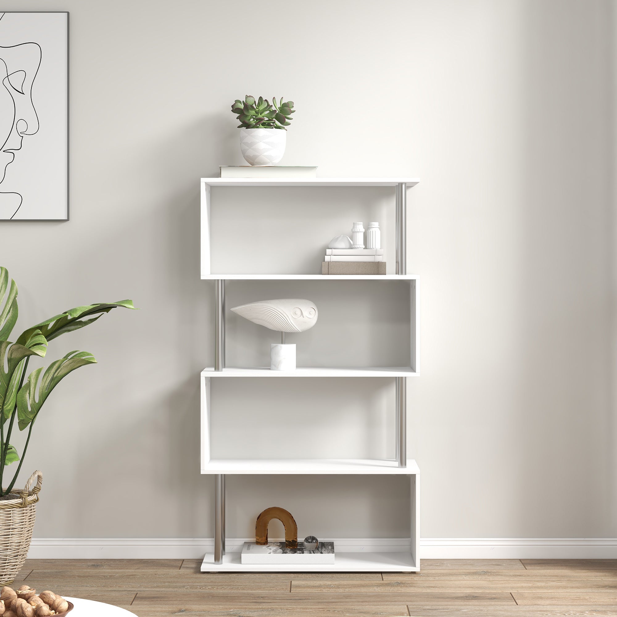 Kozy S Shape Bookcase, 5 Tiers Bookshelf, Modern Freestanding Storage Shelf for Home Office, Study, Living Room, 80 x 30 x 145cm, White