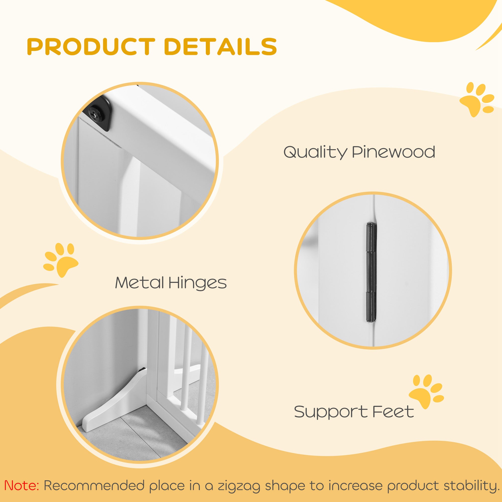 Kozy Wooden Dog Gate, Dog Fence Indoor, Freestanding Dog Barrier, Adjustable Lockable Fence with 3 Panels, 71H x 113-166W cm, White