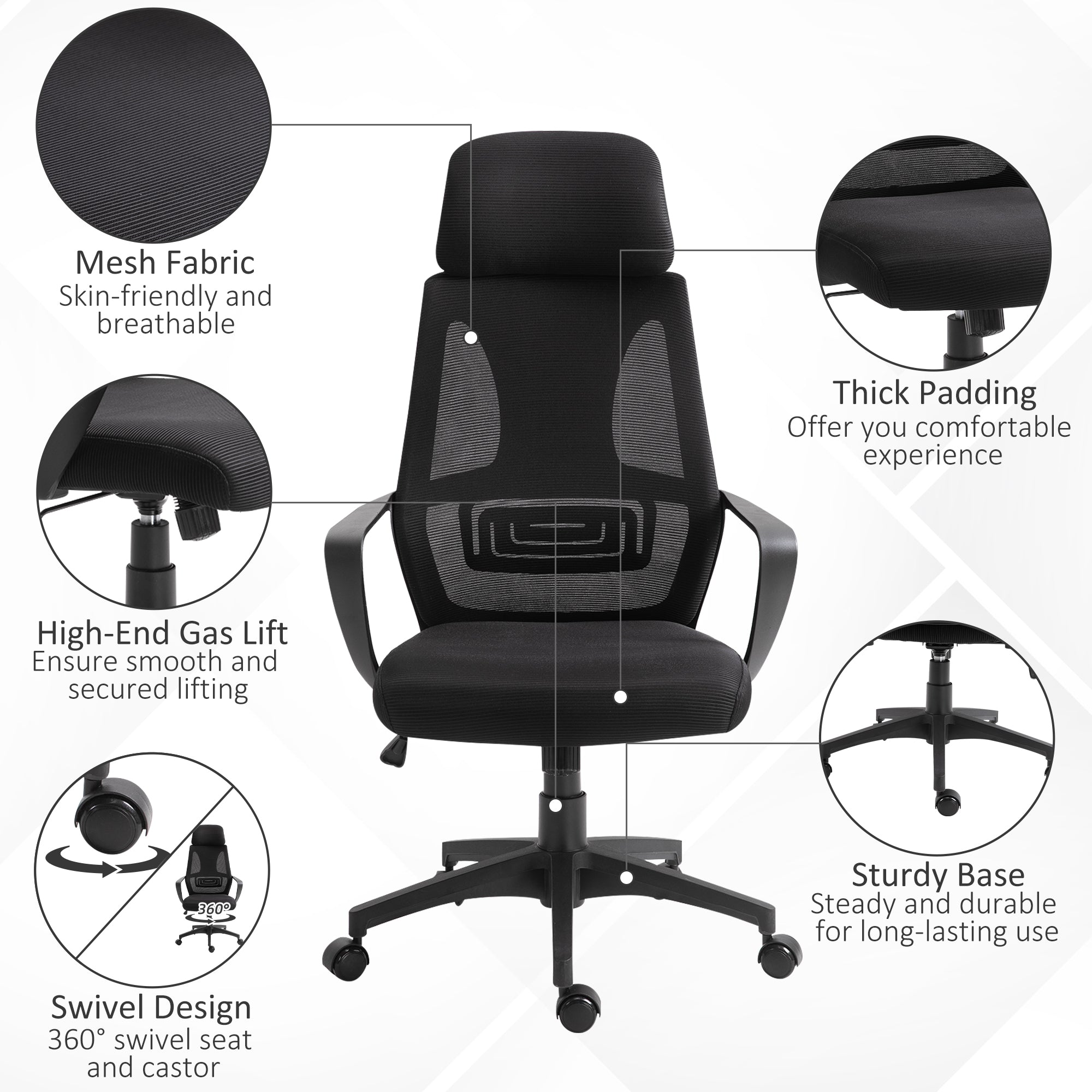 Vinsetto Ergonomic Office Chair w/ Wheel, High Mesh Back, Adjustable Height Home Office Chair