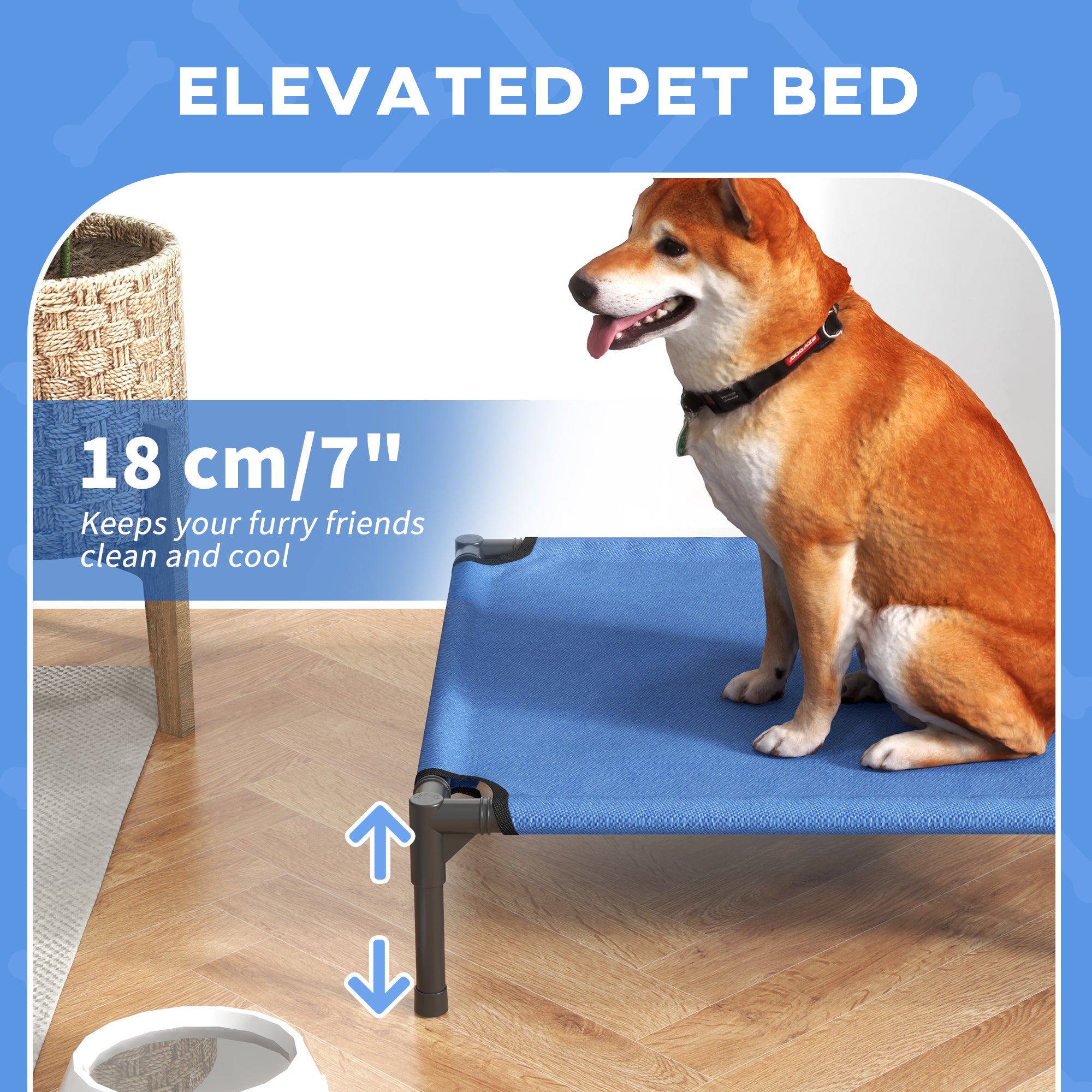 PawHut Medium Elevated Dog Bed, Portable with Metal Frame, Comfortable Raised Pet Bed, Blue, Perfect for Outdoor Use