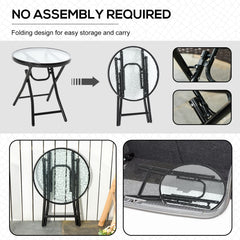 Kozy Foldable Garden Table, Round Folding Table with Glass Tabletop and Safety Buckle for Patio, Garden, Outdoor, Indoor, Black