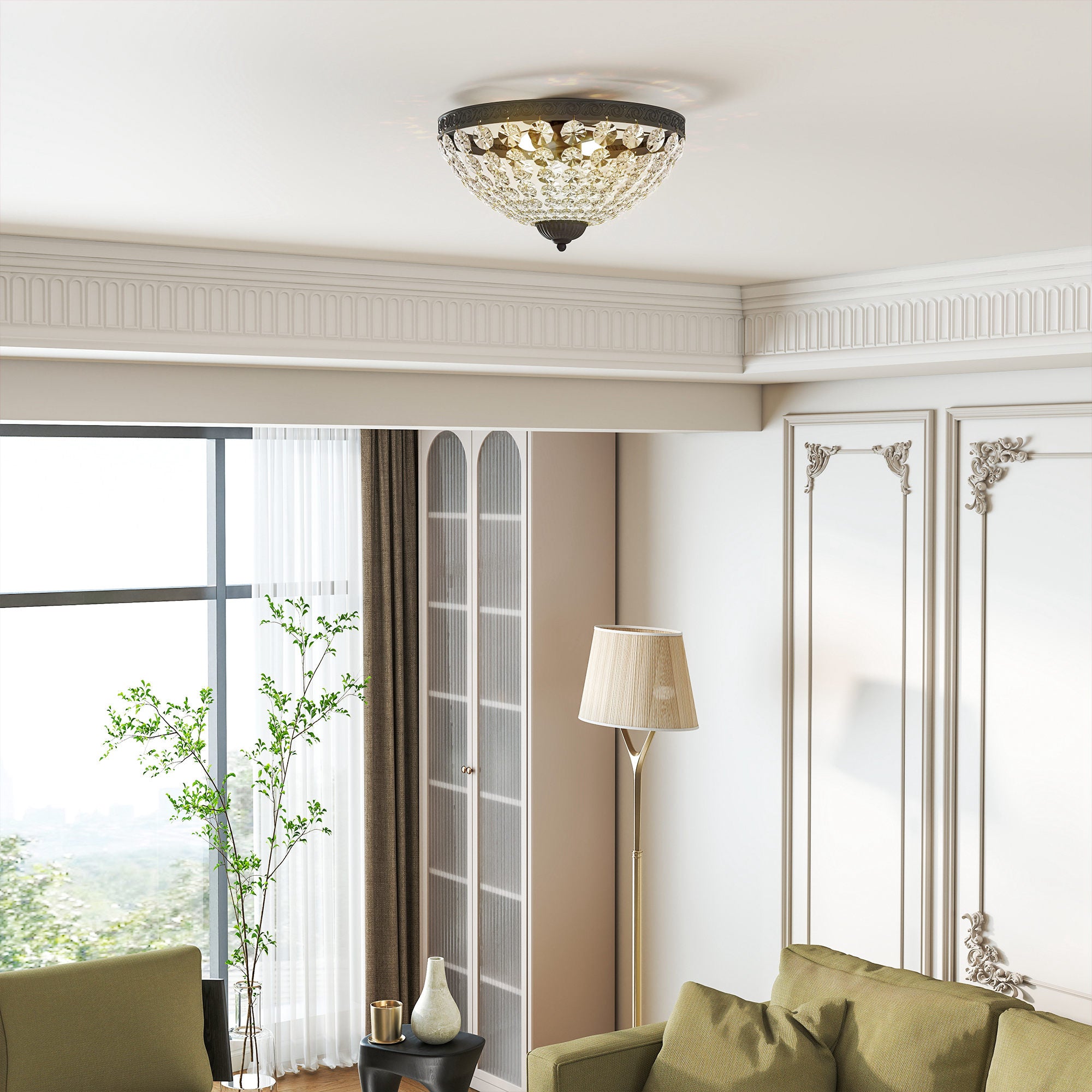 Kozy Crystal Chandelier Ceiling Light with 168 Octagonal Beads, Vintage 2-Light Flush Mount Ceiling Light for Living Room, Bedroom, Hallway, Dining Room, Gold Tone