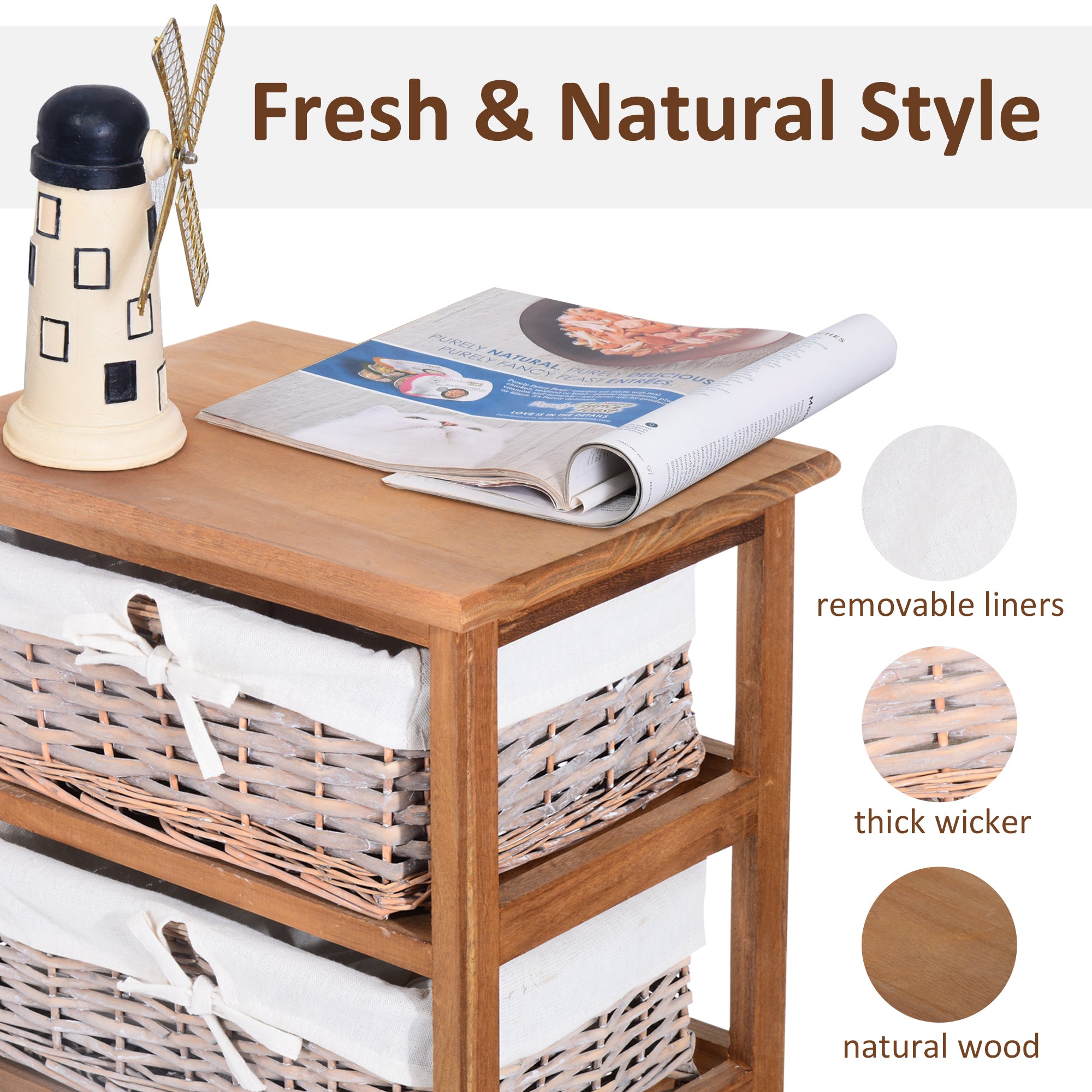 Kozy 5 Drawer Dresser Wicker Basket Storage Shelf Unit Wooden Frame Home Organisation Cabinet Bedroom Office Furniture Natural Finish