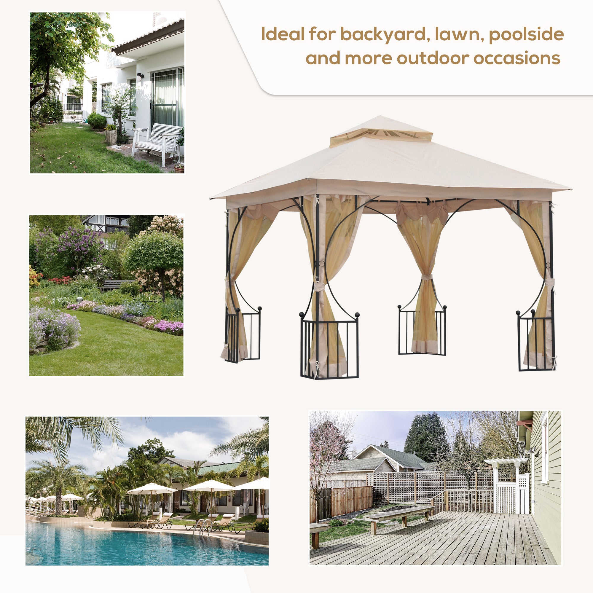 Outsunny 3 x 3 M Garden Gazebo Patio Party Tent Shelter Outdoor Canopy Double Tier Sun Shade Metal Frame Beige