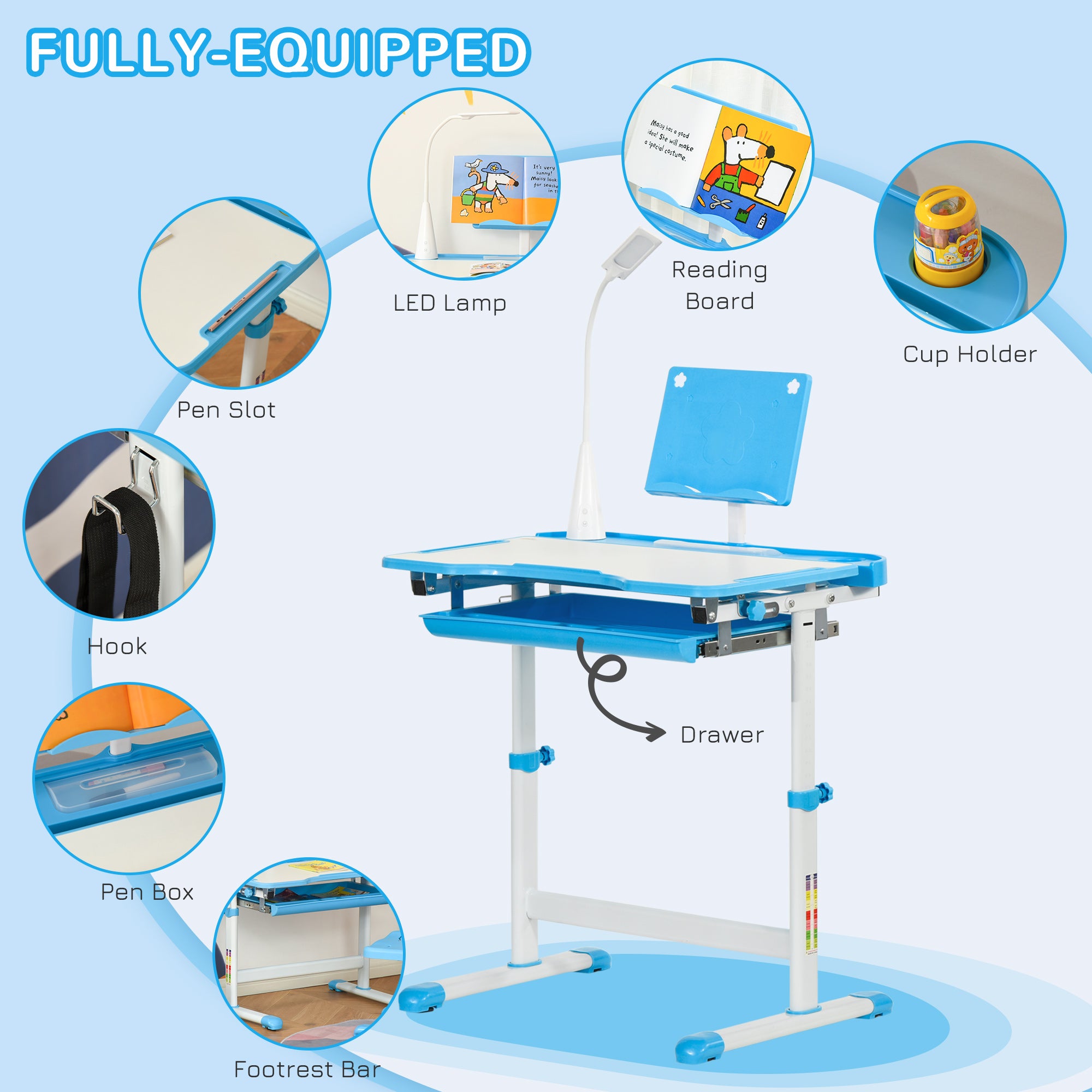 Kozy Kids Study Desk and Chair Set w/ Adjustable Height, Storage, Drawer, Blue