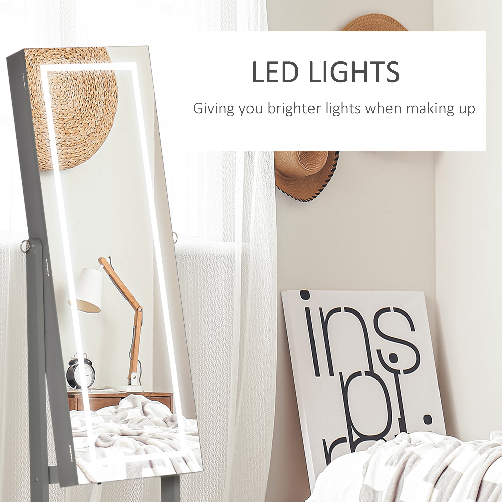 Kozy Jewellery Cabinet with LED Light, Lockable Jewellery Organiser with Full-Length Mirror for Bedroom Dressing Room, Grey