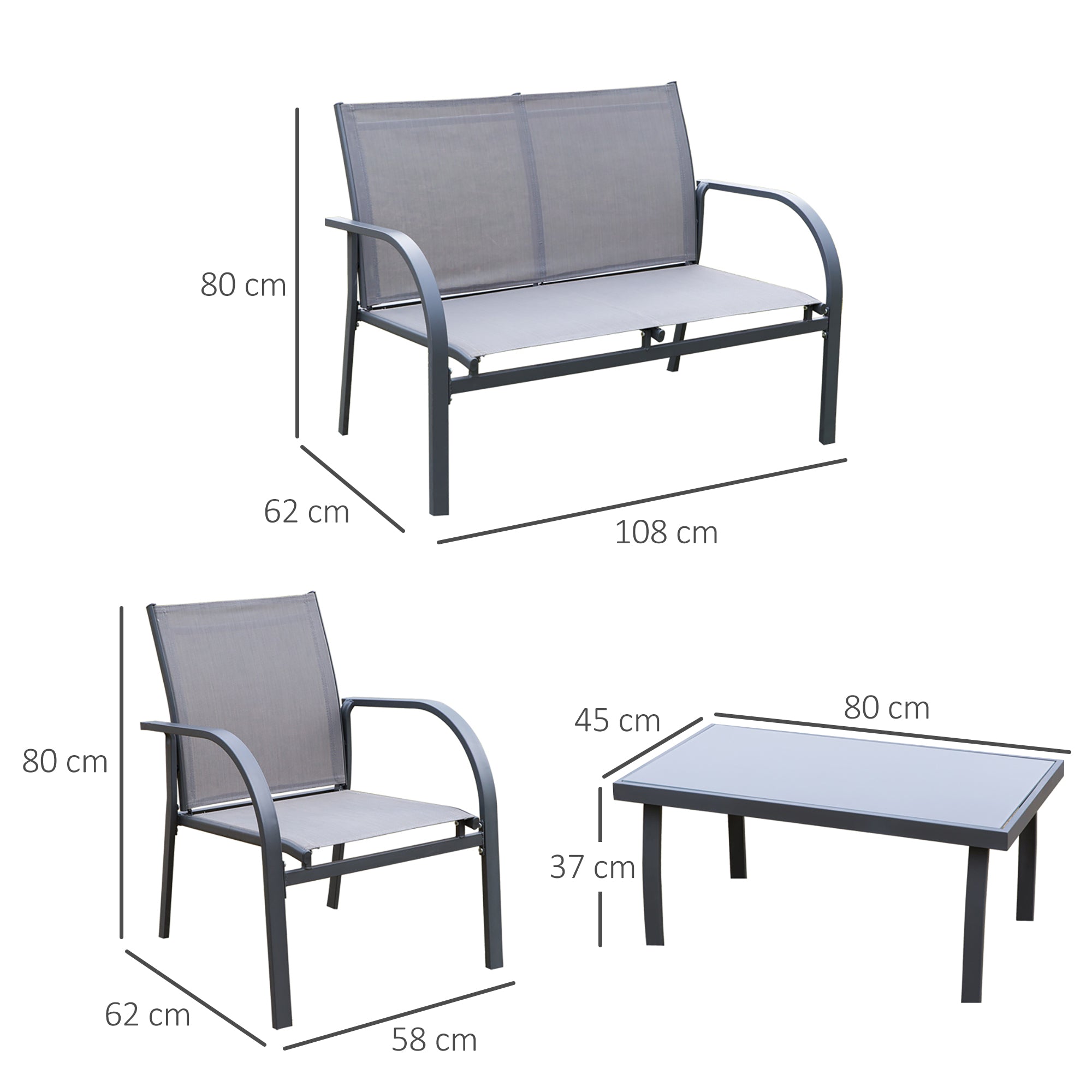 Outsunny 4 pcs Curved Steel Patio Furniture Set w/ Loveseat, Texteline Seats, Glass Top Table For Party Event, Grey