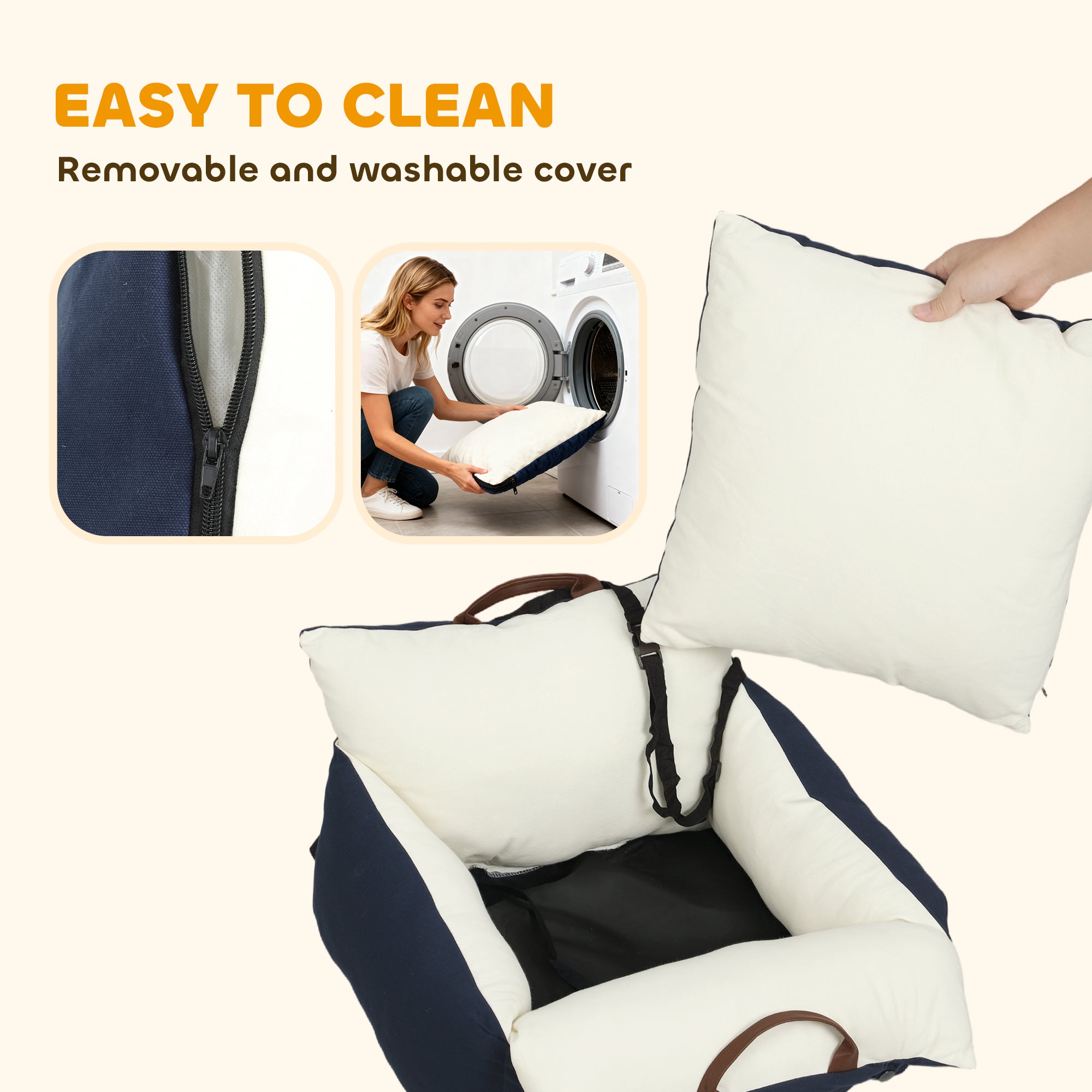 Kozy Dog Car Seat, Cosy Pet Car Booster Seat for Small Dog Under 5 KG, Portable Travel Bed with Safety Belts, Navy Blue