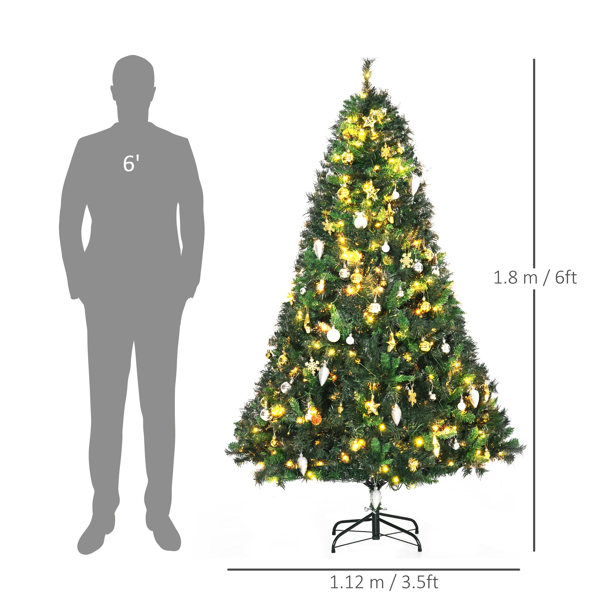 HOMCOM 1.8m 6ft Pre Lit Christmas Tree 200 LED Xmas Tree Holiday Décor with Decorative Balls Ornament Metal Stand