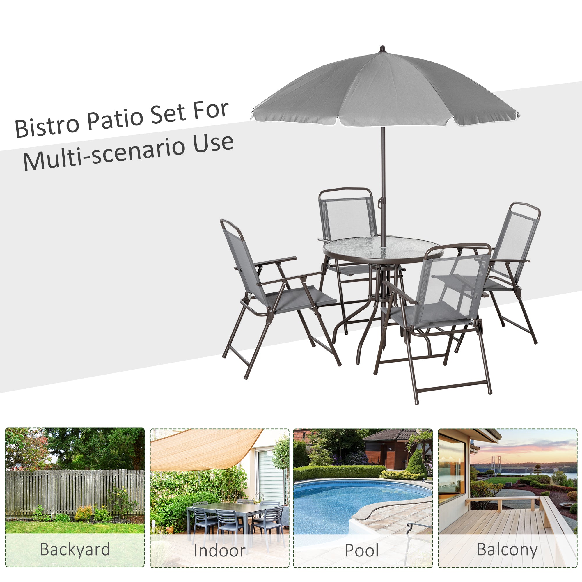 Kozy 6 Piece Garden Dining Set with Umbrella, Outdoor Dining Sets with Parasol, 4 Folding Dining Chairs & Round Tempered Glass Table, Grey