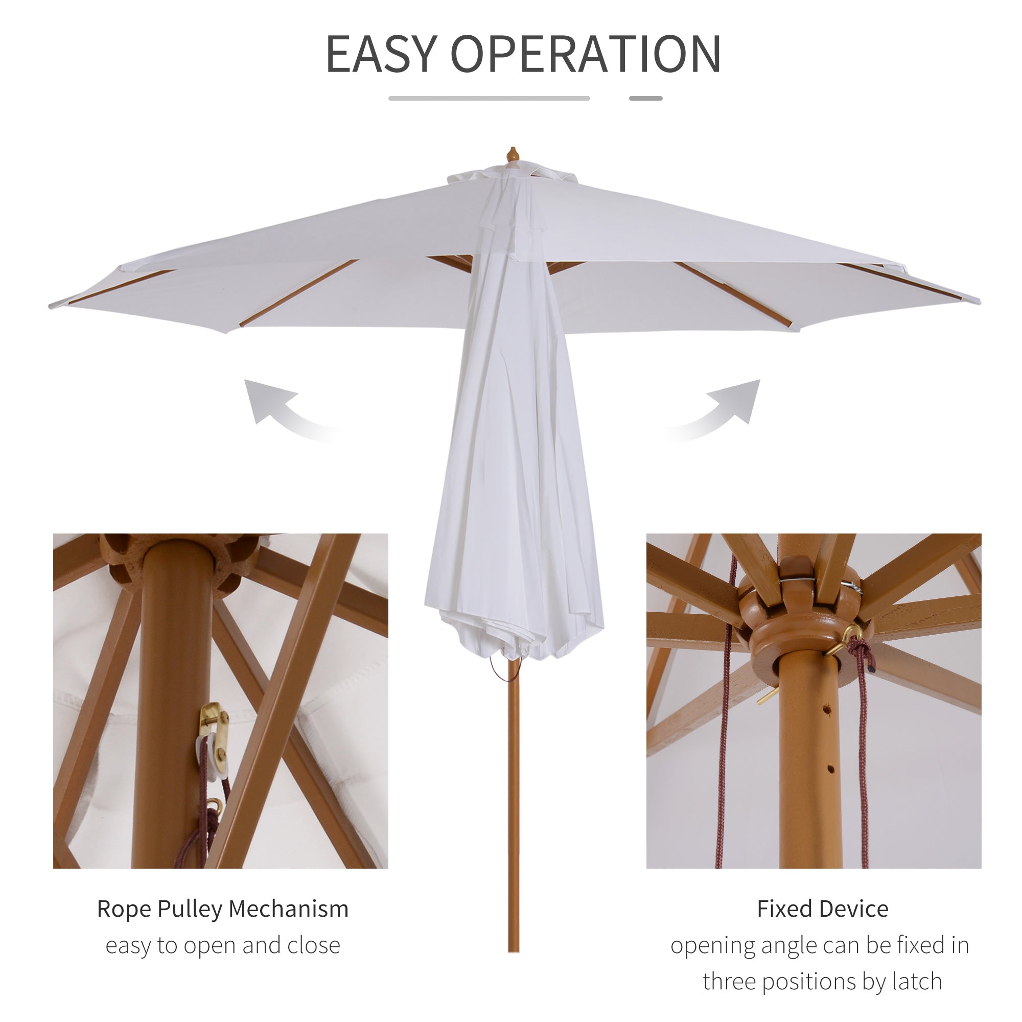 Kozy 3(m) Garden Parasol, Pulley Operated Patio Umbrella, Wooden Table Market Umbrella with Rope Pulley Mechanism and 8 Ribs, Cream White