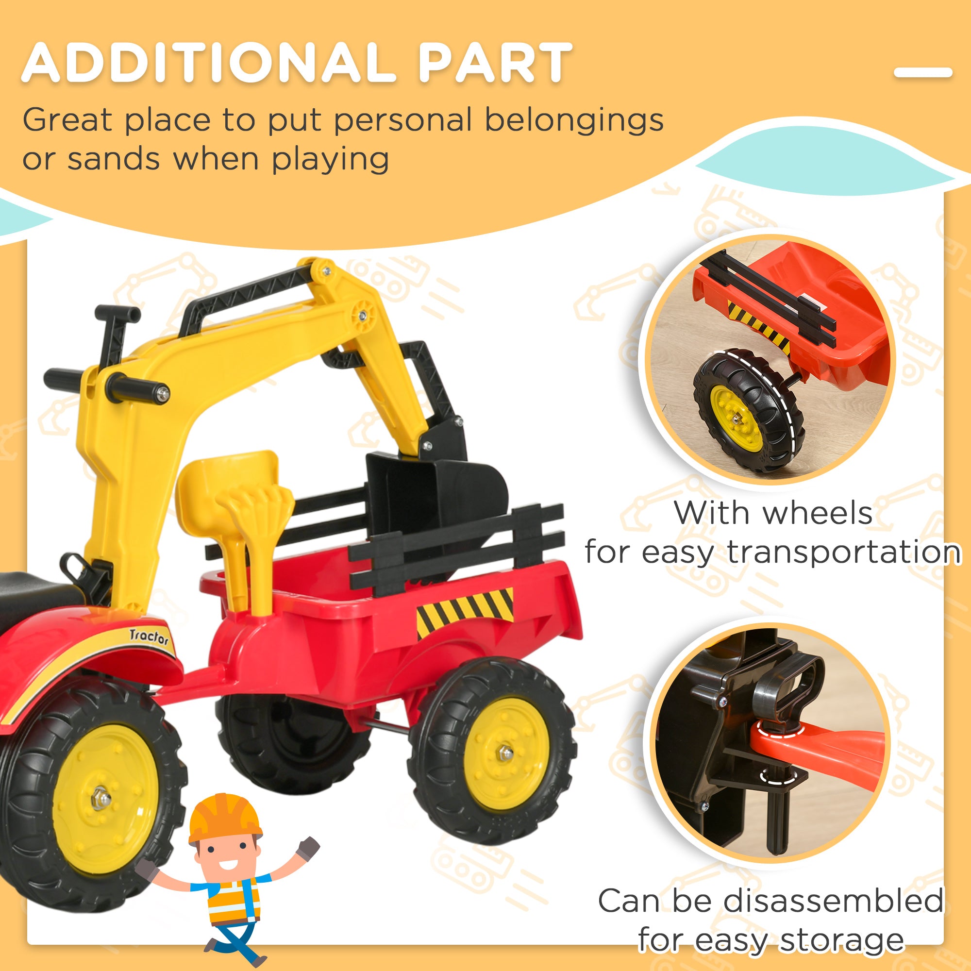 HOMCOM Kids Controllable Excavator Plastic Ride On Pedal Truck Red/Yellow