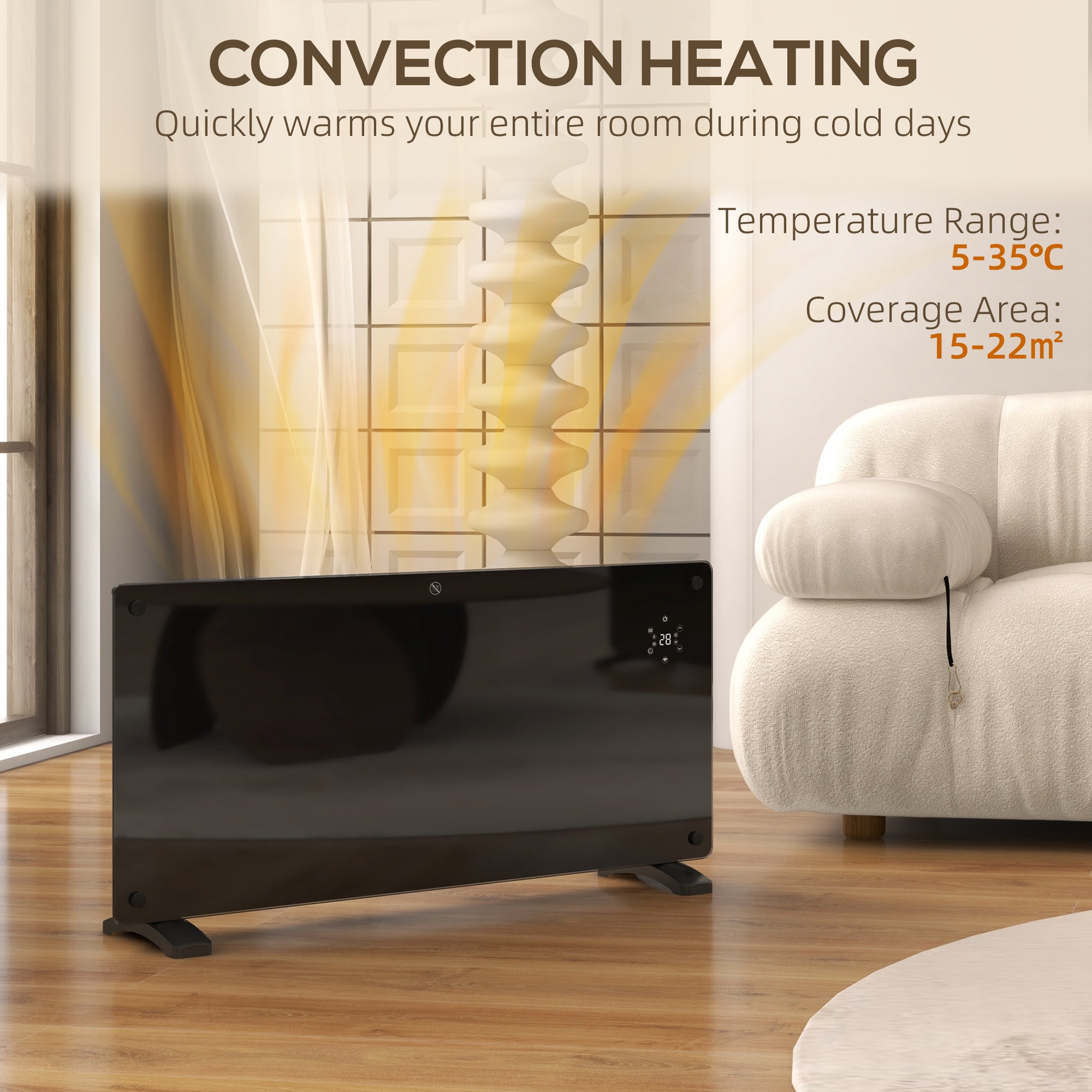 Kozy - Electric Heater Wifi Smart App, 2000W Glass Panel Heater Radiator, Freestanding or Wall Mounted Convector Space Heater with LED Display, 24Hr 7 Day Timer, Adjustable Thermostat, Remote Control