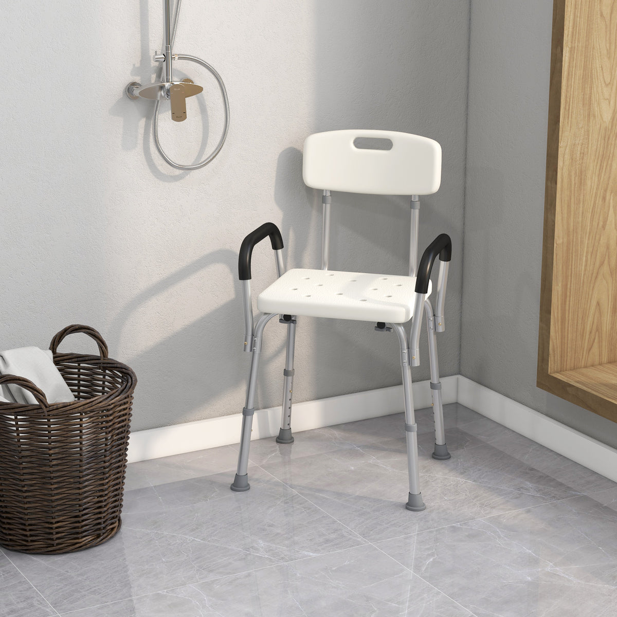 HOMCOM Portable Shower Chair, Adjustable Medical Stool, with Back and Armrest for Enhanced Mobility, White.