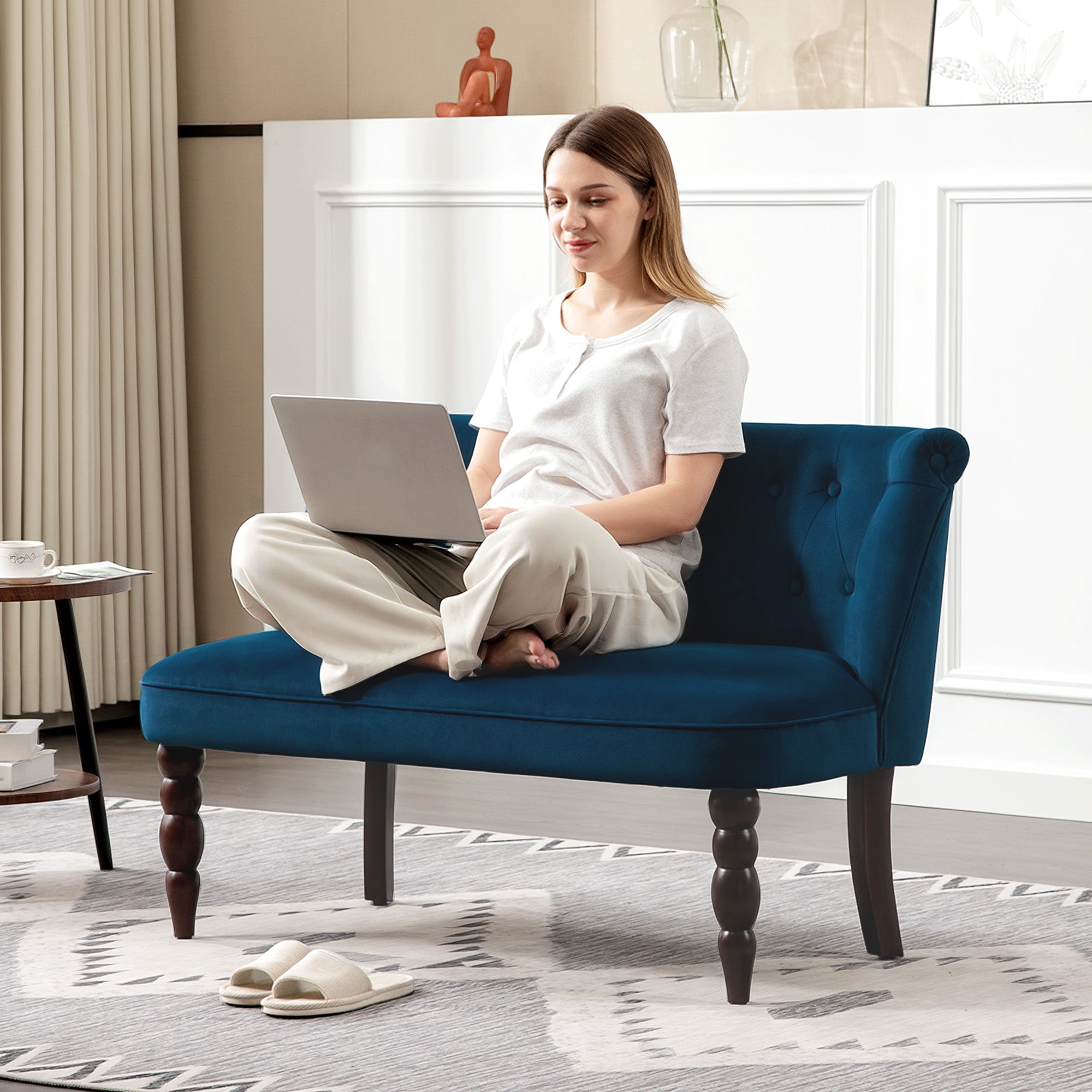 Kozy - Velvet 2 Seater Sofa, Button Tufted Wingback Loveseat with Rubber Wood Legs for Living Room, Bedroom, Dark Blue