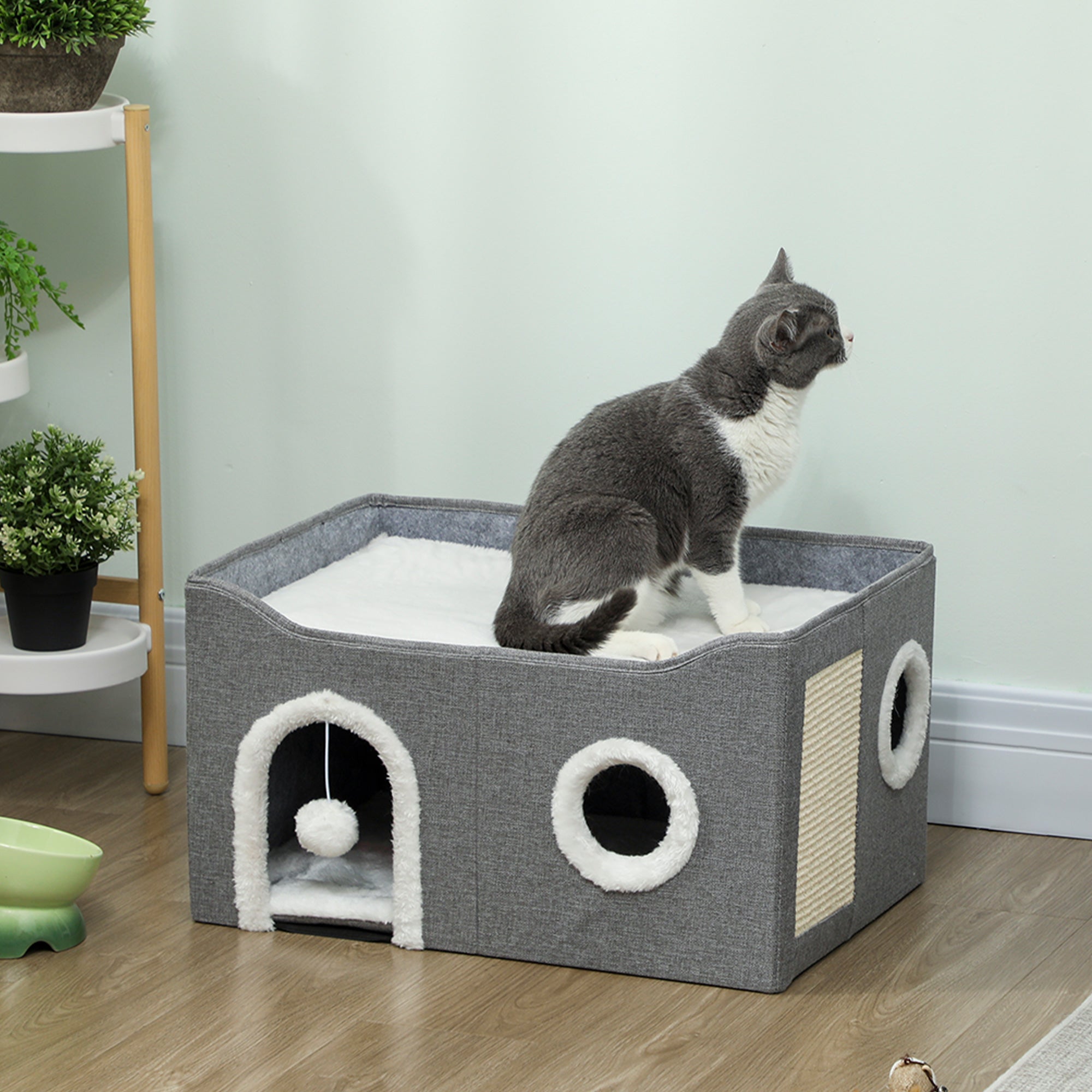 Kozy - Cat Bed for Indoor Pets, Foldable Cat House with Fluffy Ball and Scratch Pad for Small and Medium Pets, Grey