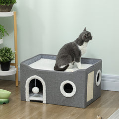 Kozy - Cat Bed for Indoor Pets, Foldable Cat House with Fluffy Ball and Scratch Pad for Small and Medium Pets, Grey