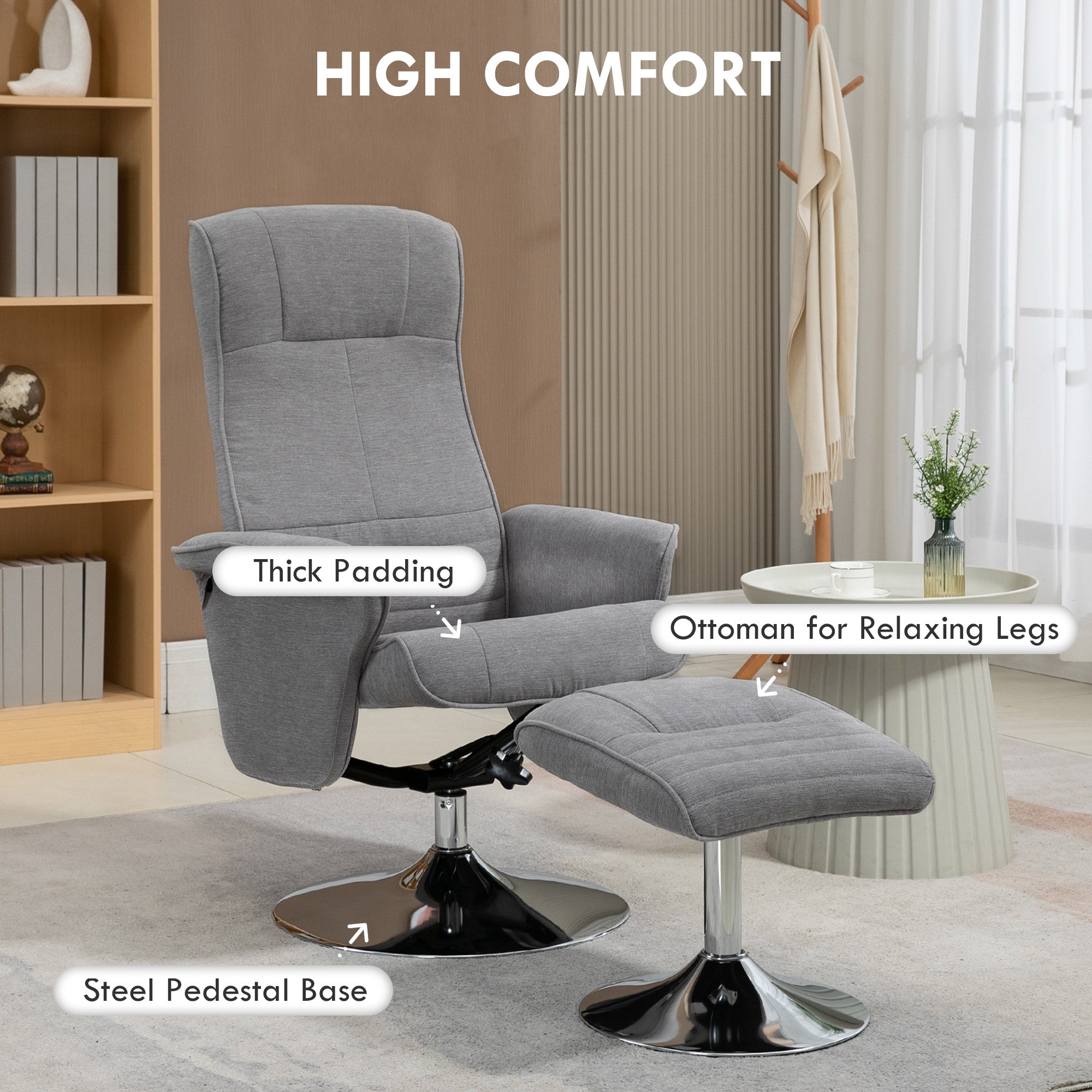 Kozy - Swivel Recliner Chair with Footstool, Velvet Recliner Armchair with Ottoman, Steel Base, Upholstered Reclining Chair for Living Room, Bedroom, Office, Grey