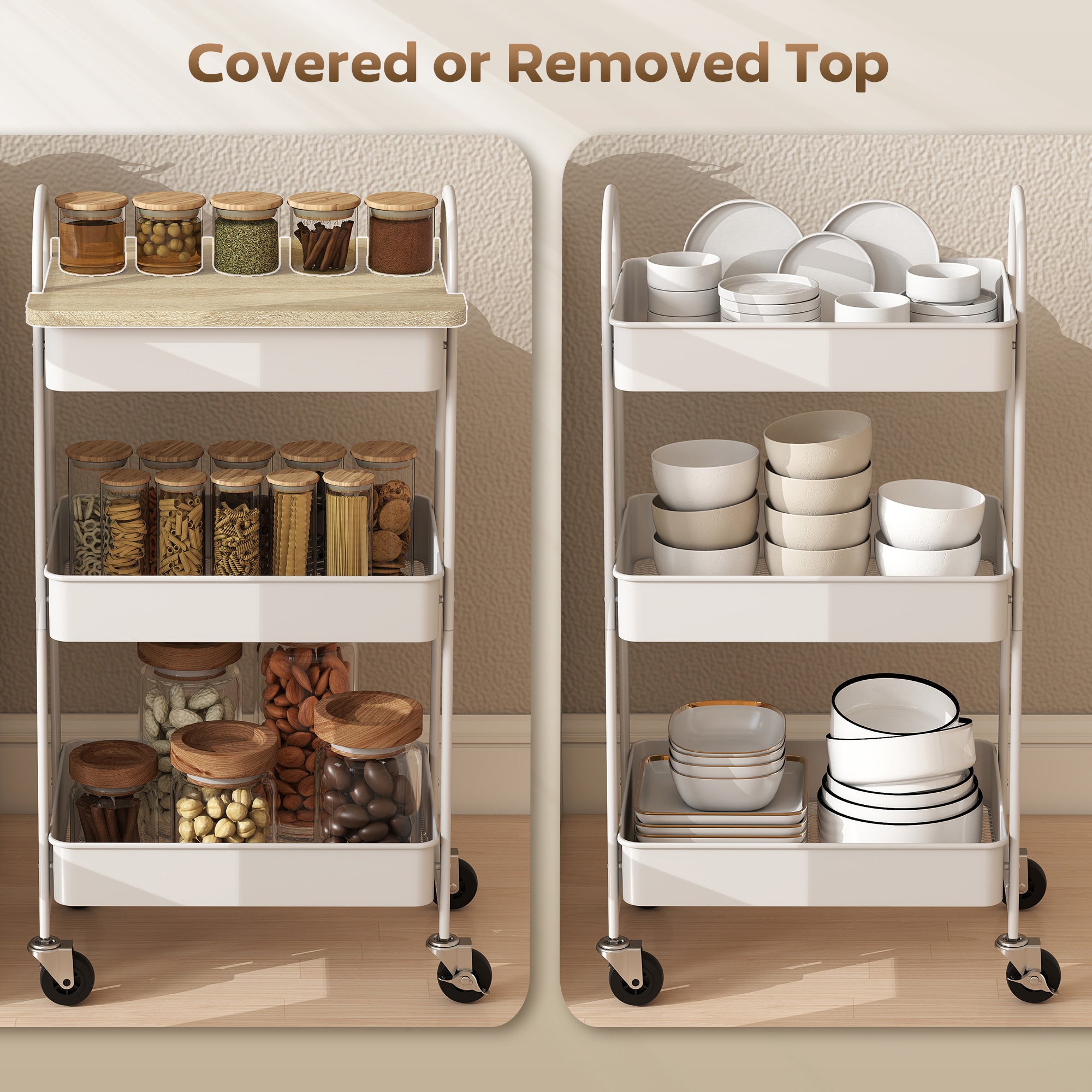 Kozy - 3-Tier Kitchen Storage Trolley with on Wheels Cover Top Board - White and Oak