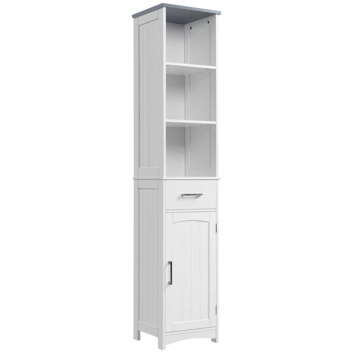 Kozy Tall Bathroom Storage Cabinet with 3 Tier Shelf, Cupboard, Drawer, Door, Freestanding Linen Tower, Slim Side Organizer, White