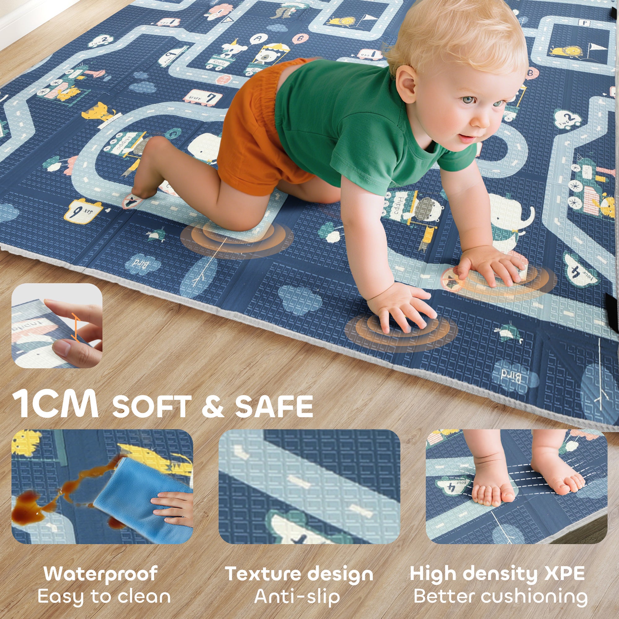 Kozy Foldable Baby Play Mat, Baby Playpen, Reversible Foam Playmat, Floor Mats for Toddlers, Traffic and Grey Diamond Theme