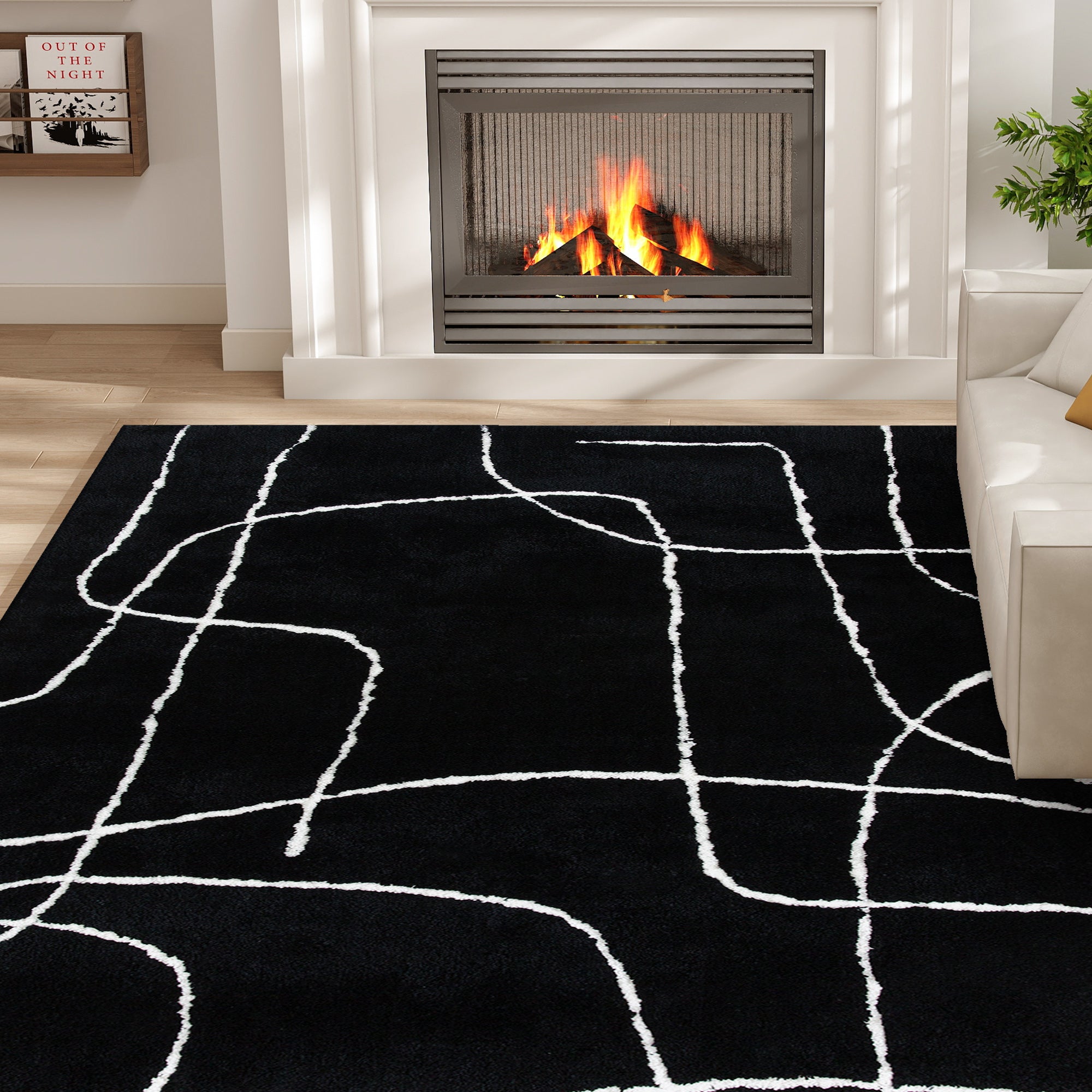 Kozy - Modern Fluffy Area Rug, Geometric Pattern Washable Rug, Soft High Pile Floor Carpet for Living Room, Bedroom, Dining Room, Home Office, 170 x 120 cm, Black