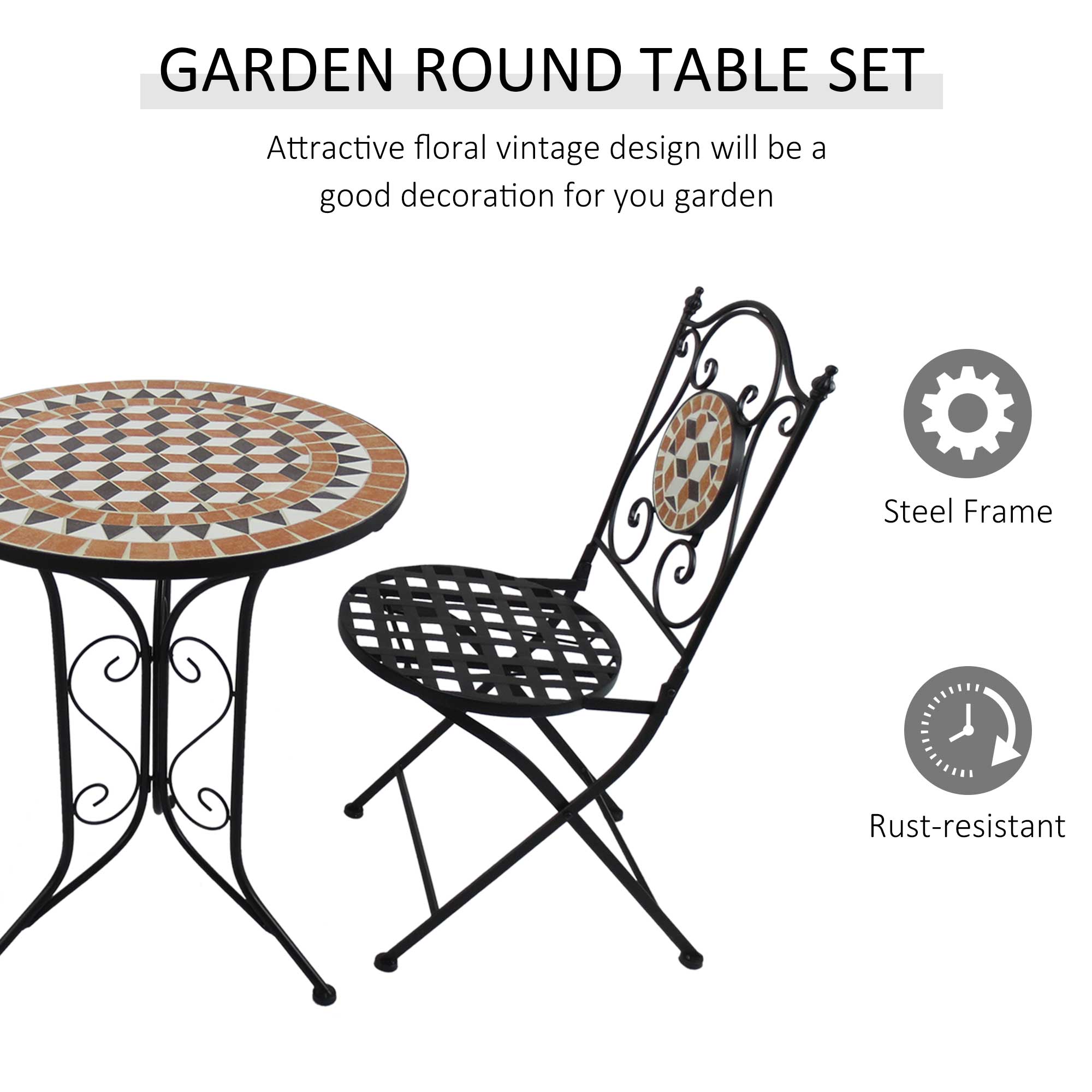 Outsunny 3 PCs Garden Mosaic Bistro Set Outdoor Patio 2 Folding Chairs & 1 Round Table  Outdoor Metal Furniture Vintage