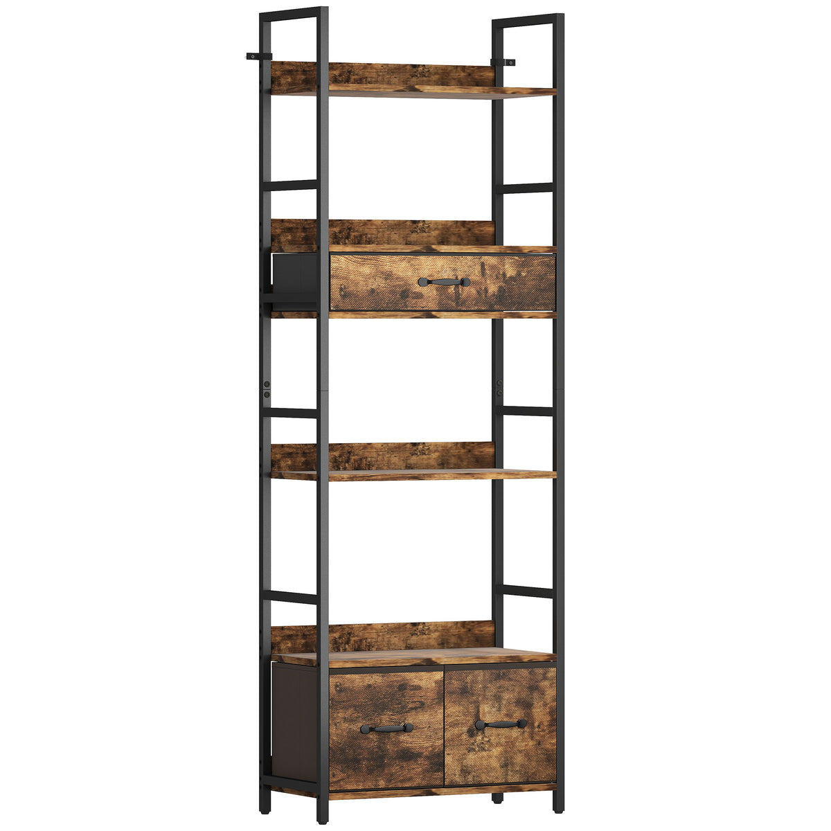 Kozy Industrial Style Bookcase, with 4 Shelves and 3 Fabric Drawers - Brown/Black