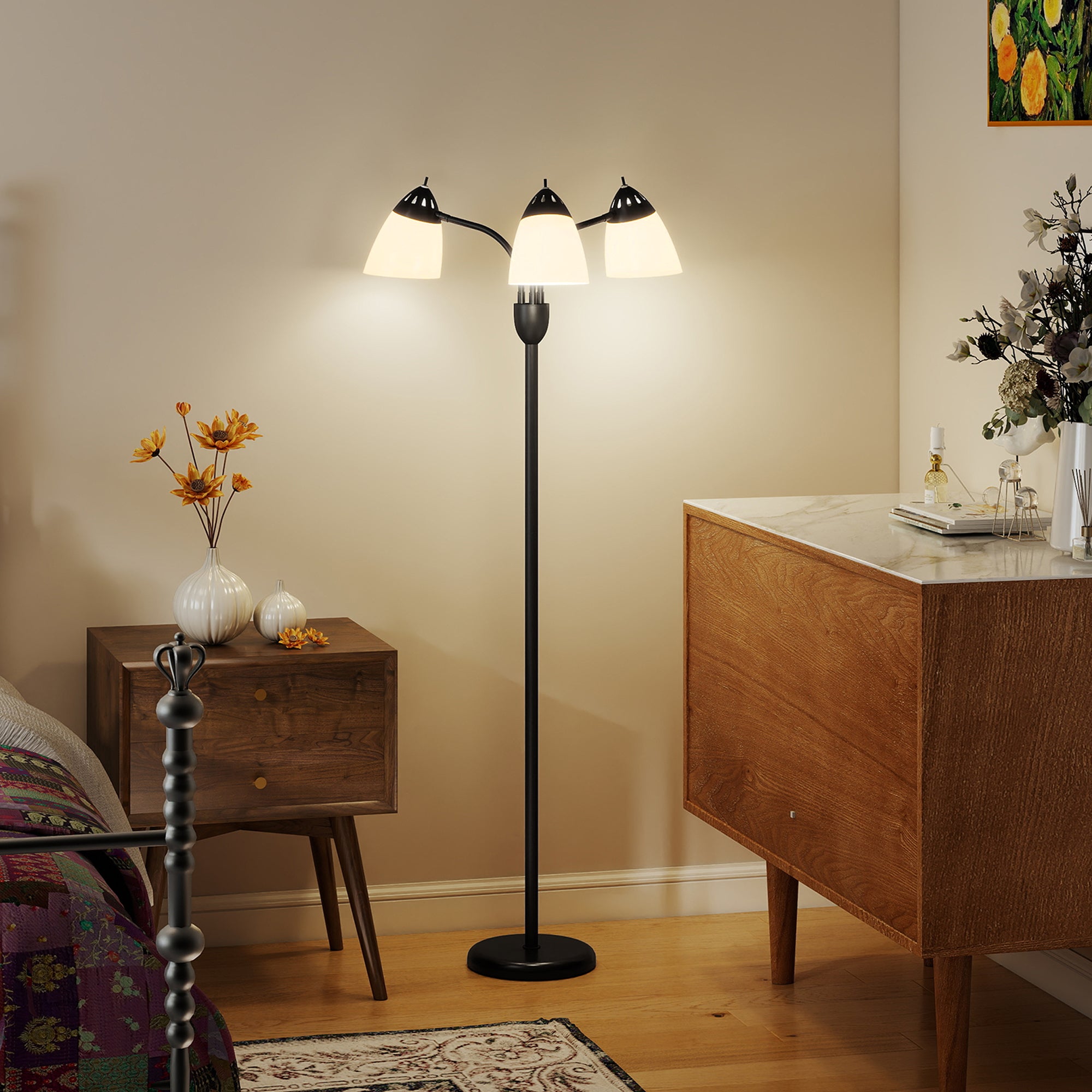 Kozy - Arc Tree Floor Lamp with 3 Adjustable Rotating Lights and 3000K/4500K/6500K Colour Temperatures, Industrial Standing Lamp with Steel Frame for Bedroom Living Room, 155cm, Black