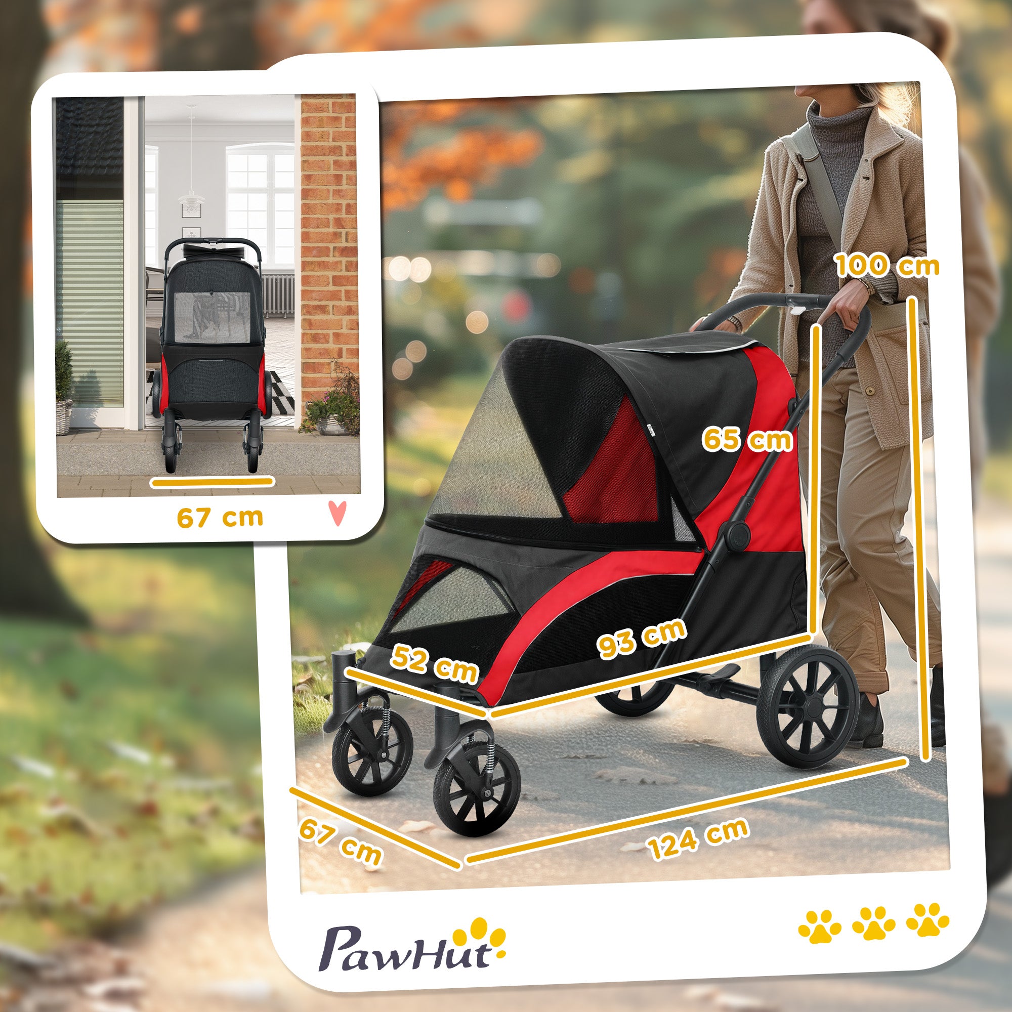Kozy - Foldable Pet Stroller for Large Dogs with Four Big Wheels, Shock-Absorbing Frame, Safety Leashes, Brakes, Red/Black