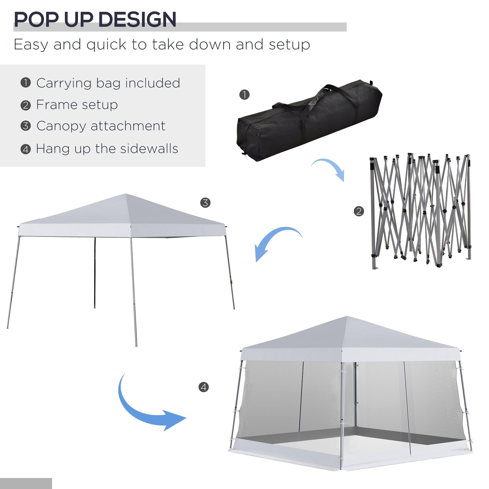 Kozy Outdoor Garden Pop-up Gazebo Canopy Tent Sun Shade Event Shelter Folding with Adjustable Height, Mesh Screen Side Walls 3.5 M × 3.5 M Base / 3 M × 3 M Top, White