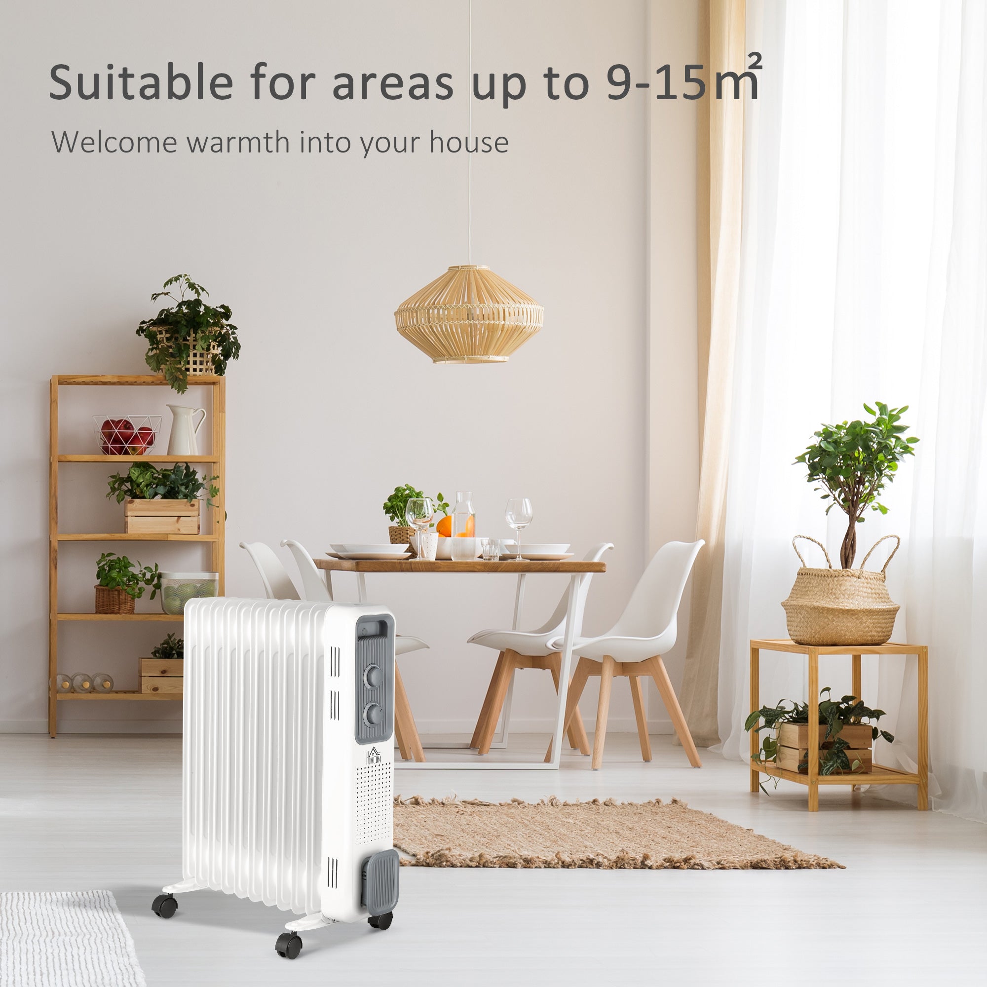 Kozy 2500W Oil Filled Radiator, 11 Fin, Portable Electric Heater with 3 Heat Settings, Safety Cut-Off and Wheels, White