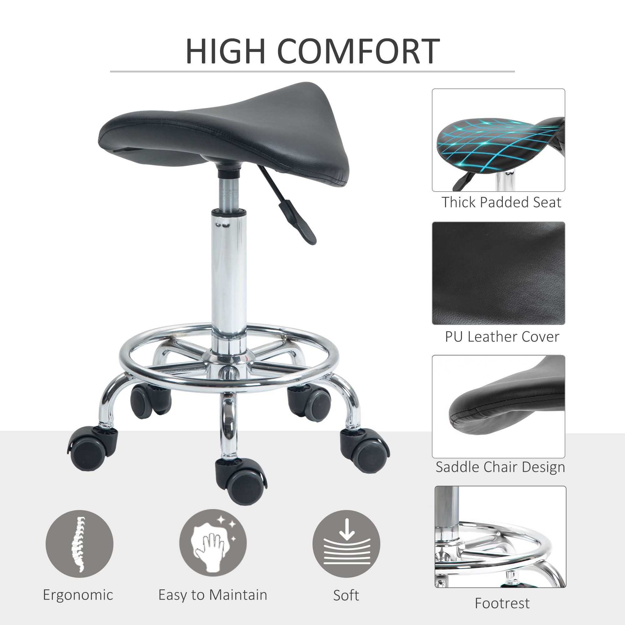Kozy Salon Saddle Stool, Rolling Saddle Chair for Massage, Spa, Clinic, Beauty, Hairdressing and Tattoo, Black