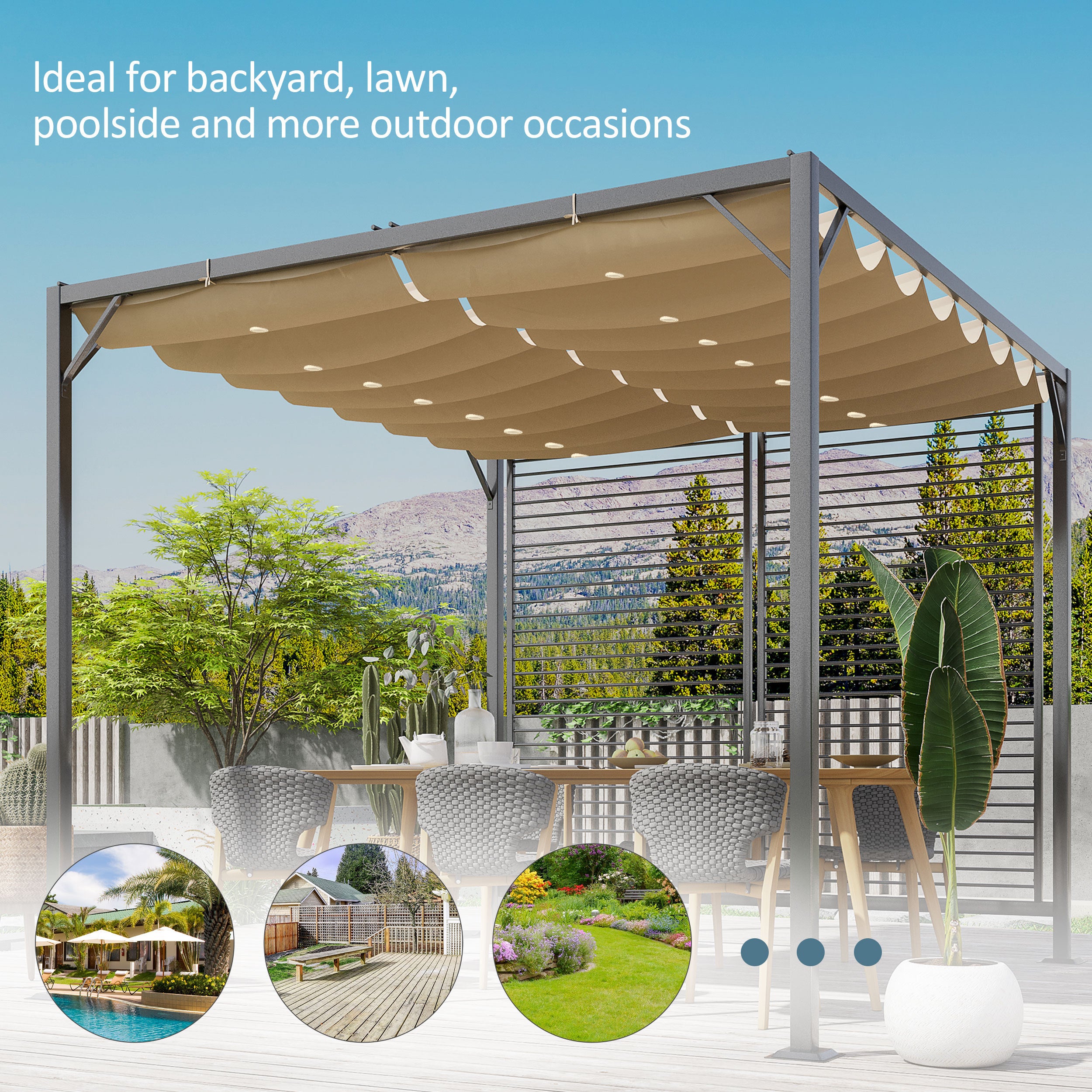 Kozy 3 x 2.8m Metal Pergola, with Retractable Fabric Roof - Beige