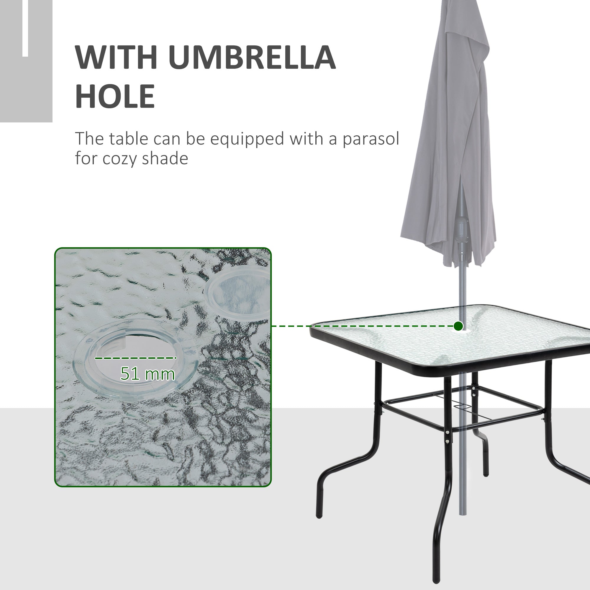 Kozy 5 Piece Garden Dining Set Outdoor Dining Furniture 4 Folding Chairs, Glass Top Table with Parasol Hole, Texteline Seats, Black